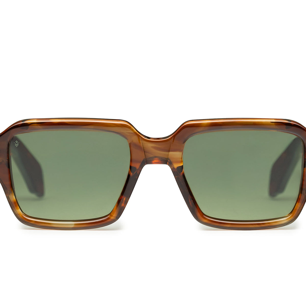 Dante square sunglasses in Dark Brown Demi with green lenses — Italian-made luxury eyewear by J. Goldin, designed in Atlanta.