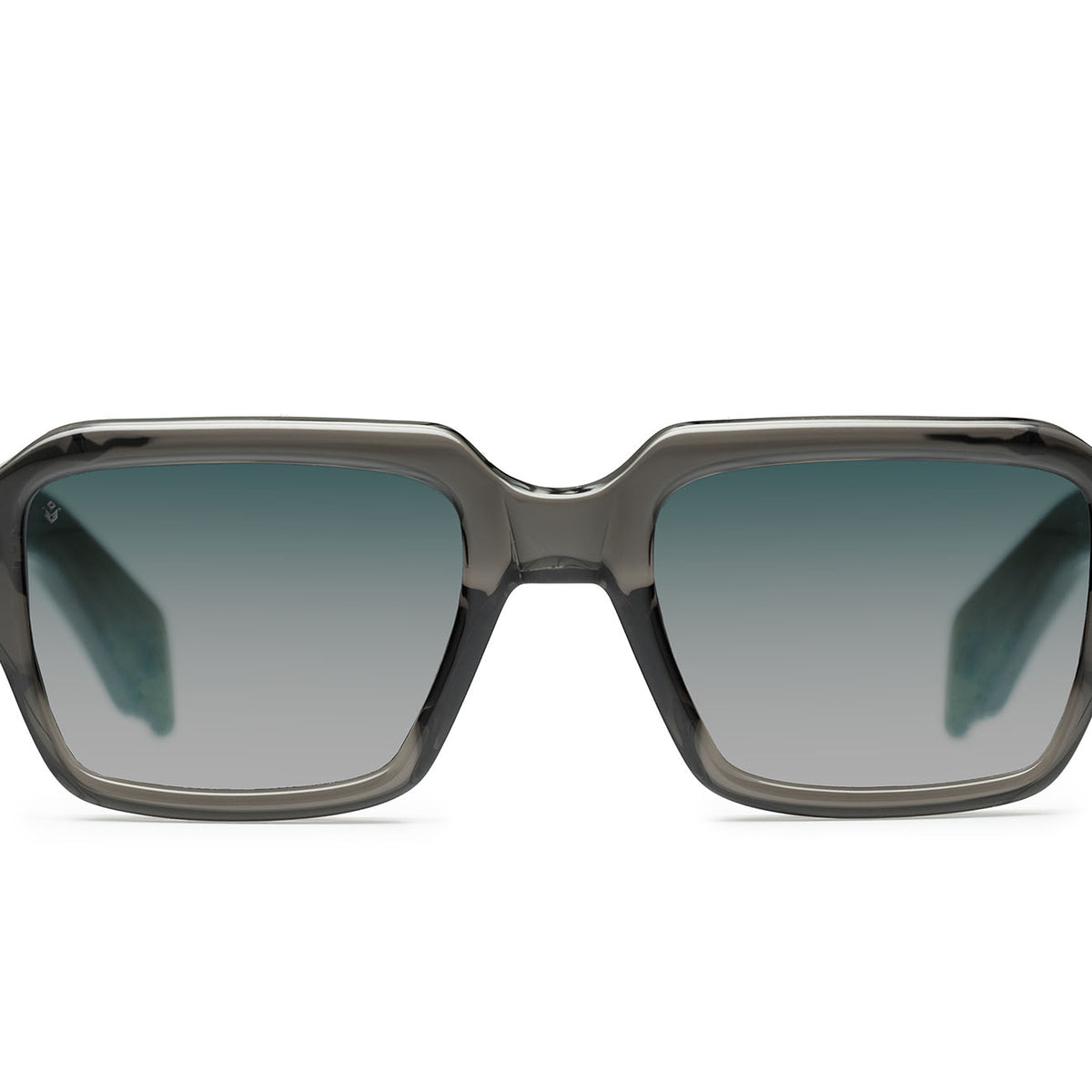 Dante square sunglasses in Grey Crystal with blue-grey lenses — Italian-made luxury eyewear by J. Goldin, Atlanta.