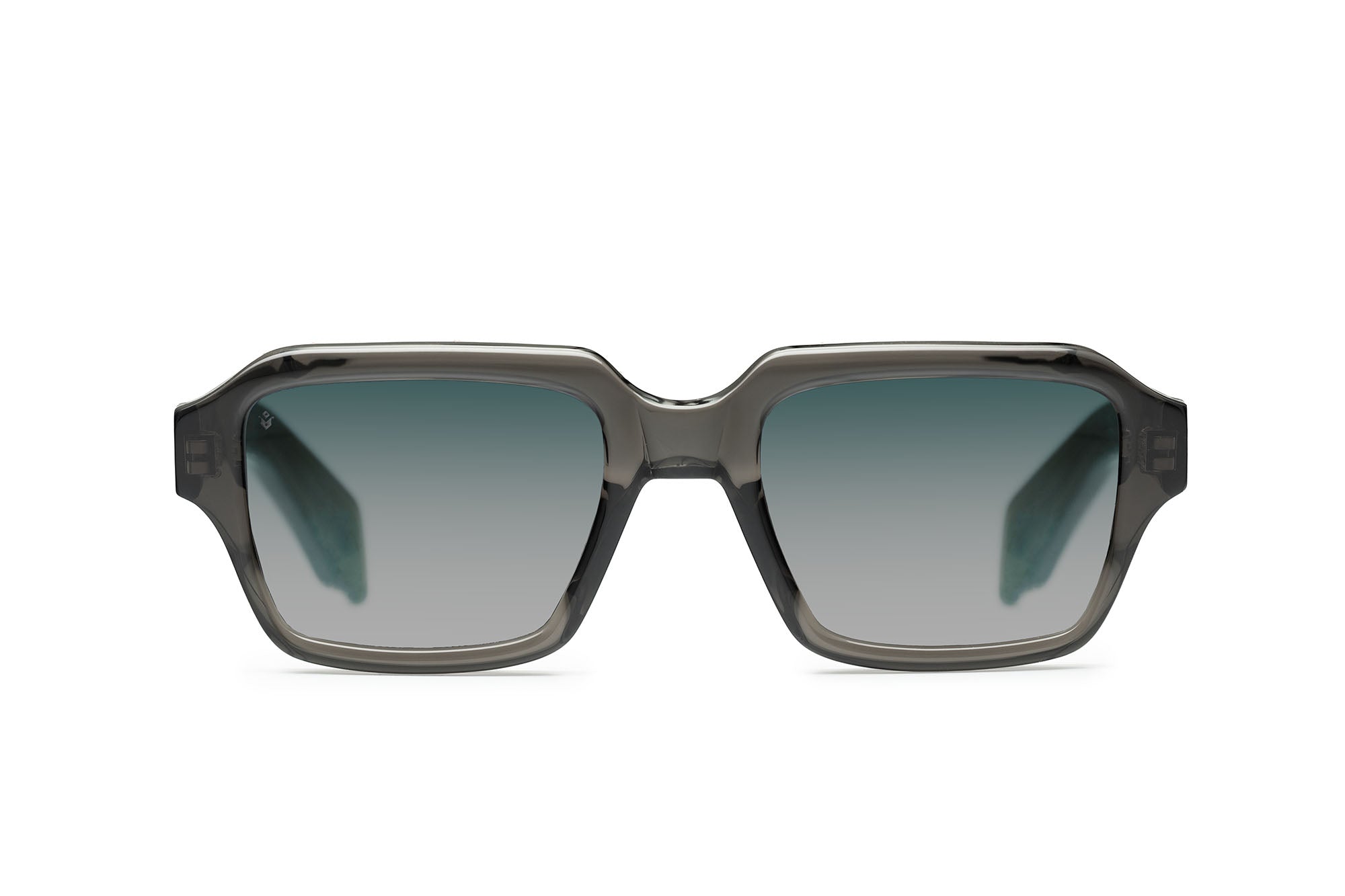 Dante square sunglasses in Grey Crystal with blue-grey lenses — Italian-made luxury eyewear by J. Goldin, Atlanta.
