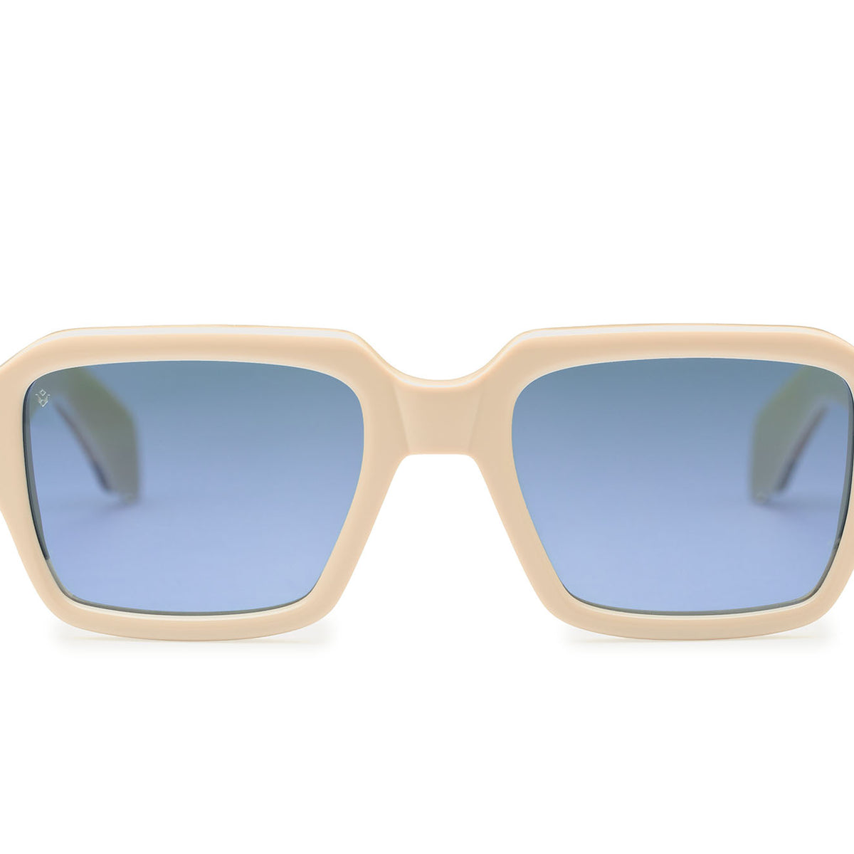 Dante square sunglasses in Milk White with cobalt blue lenses — Italian-made luxury eyewear by J. Goldin, Atlanta.