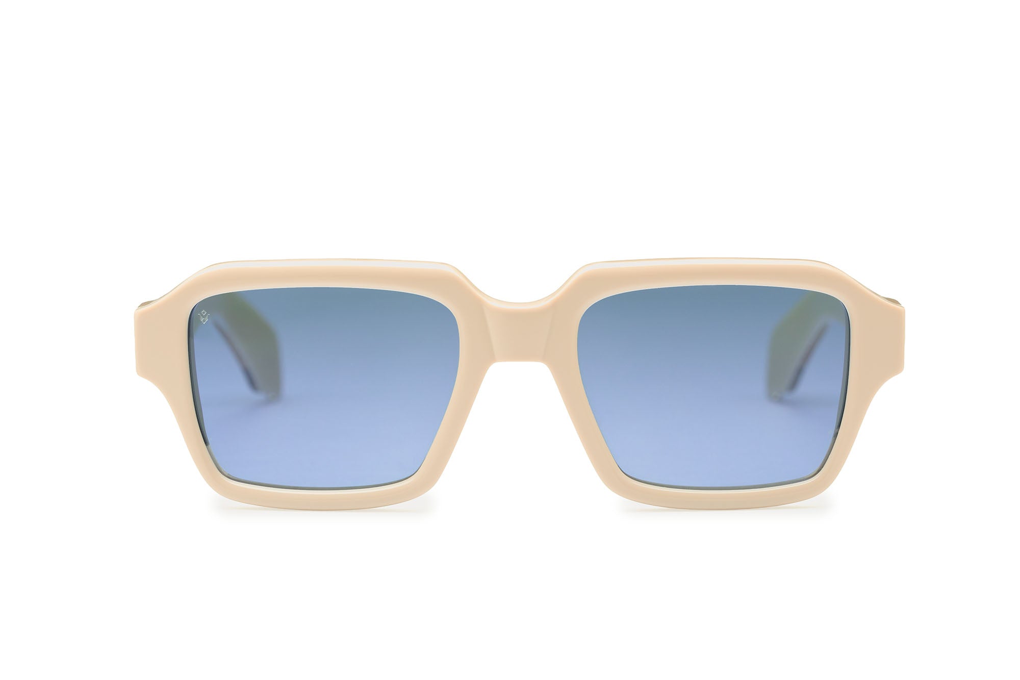 Dante square sunglasses in Milk White with cobalt blue lenses — Italian-made luxury eyewear by J. Goldin, Atlanta.