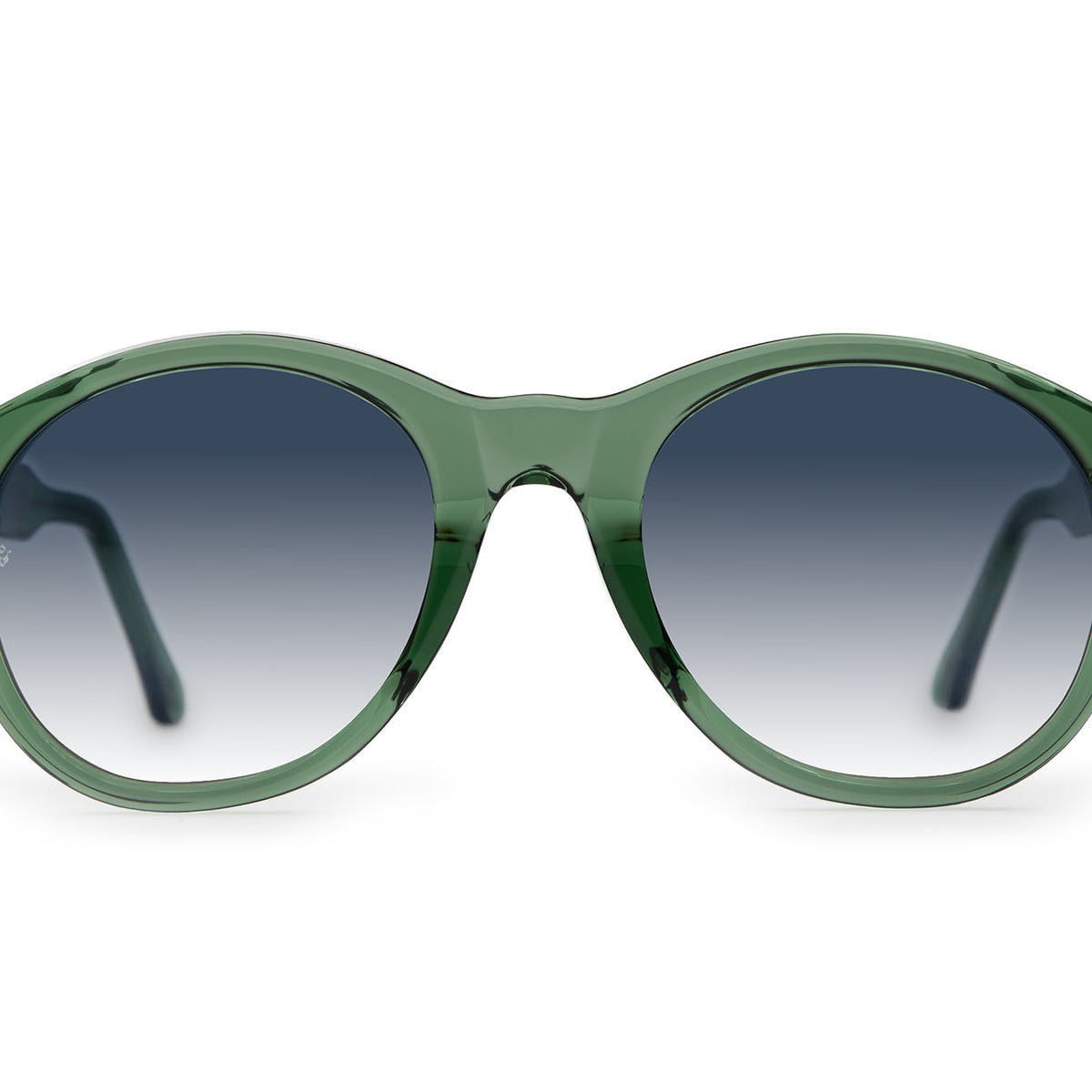 Eros round sunglasses in Bottle Green with blue lenses — luxury Italian-made eyewear by J. Goldin, Atlanta.