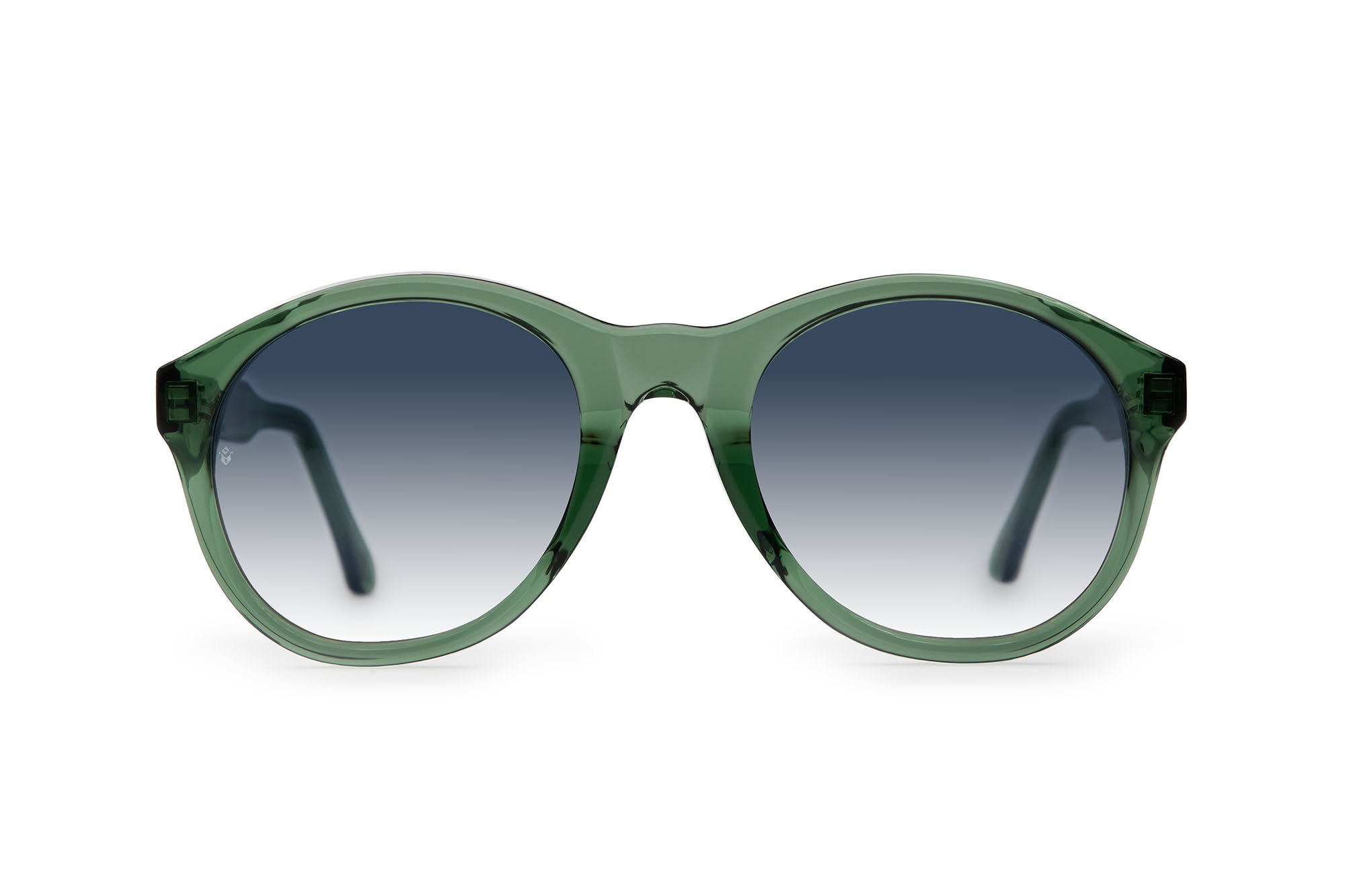 Eros round sunglasses in Bottle Green with blue lenses — luxury Italian-made eyewear by J. Goldin, Atlanta.