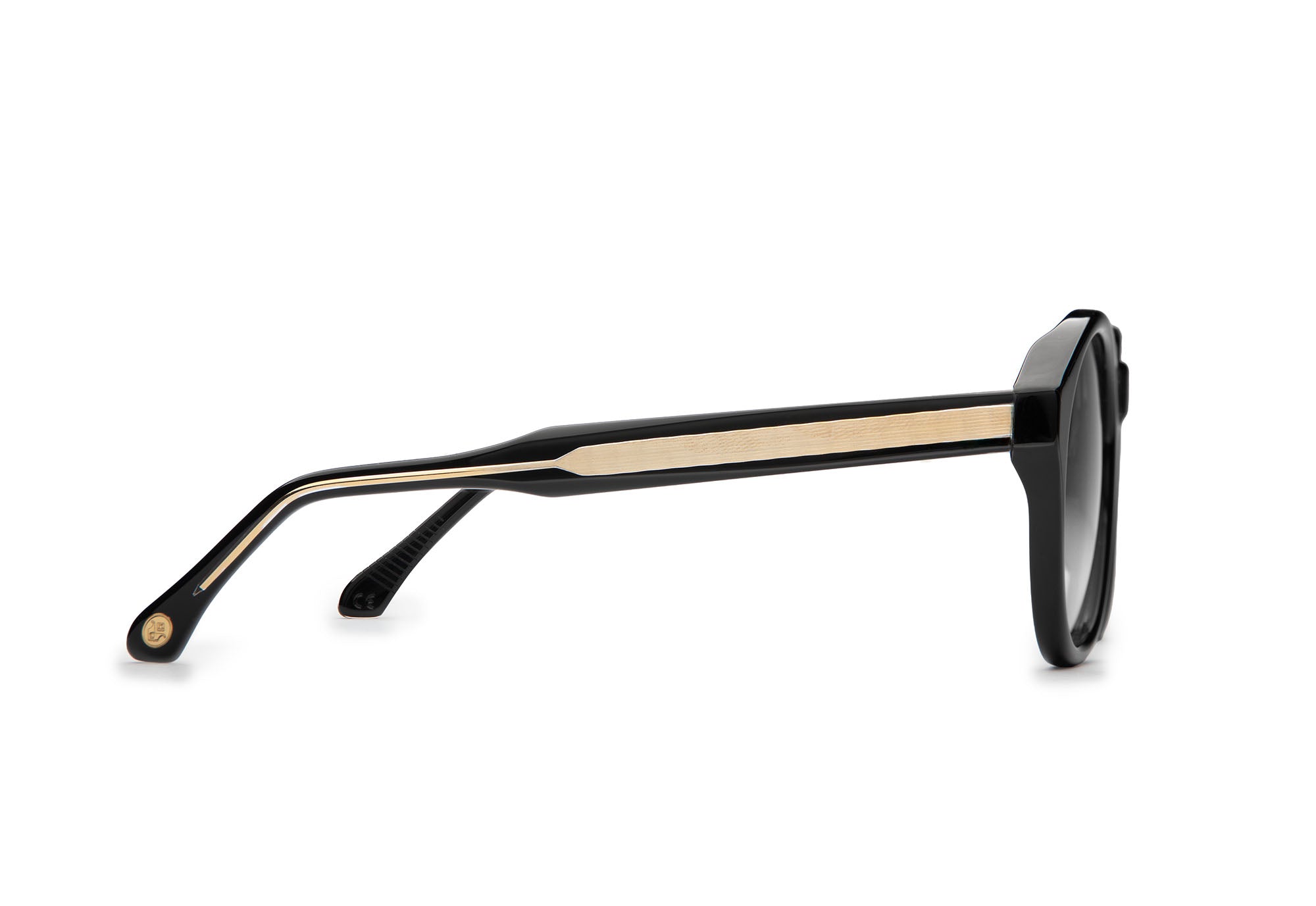 Angled profile of Eros Black sunglasses with grey lenses by J. Goldin — handcrafted Italian eyewear.