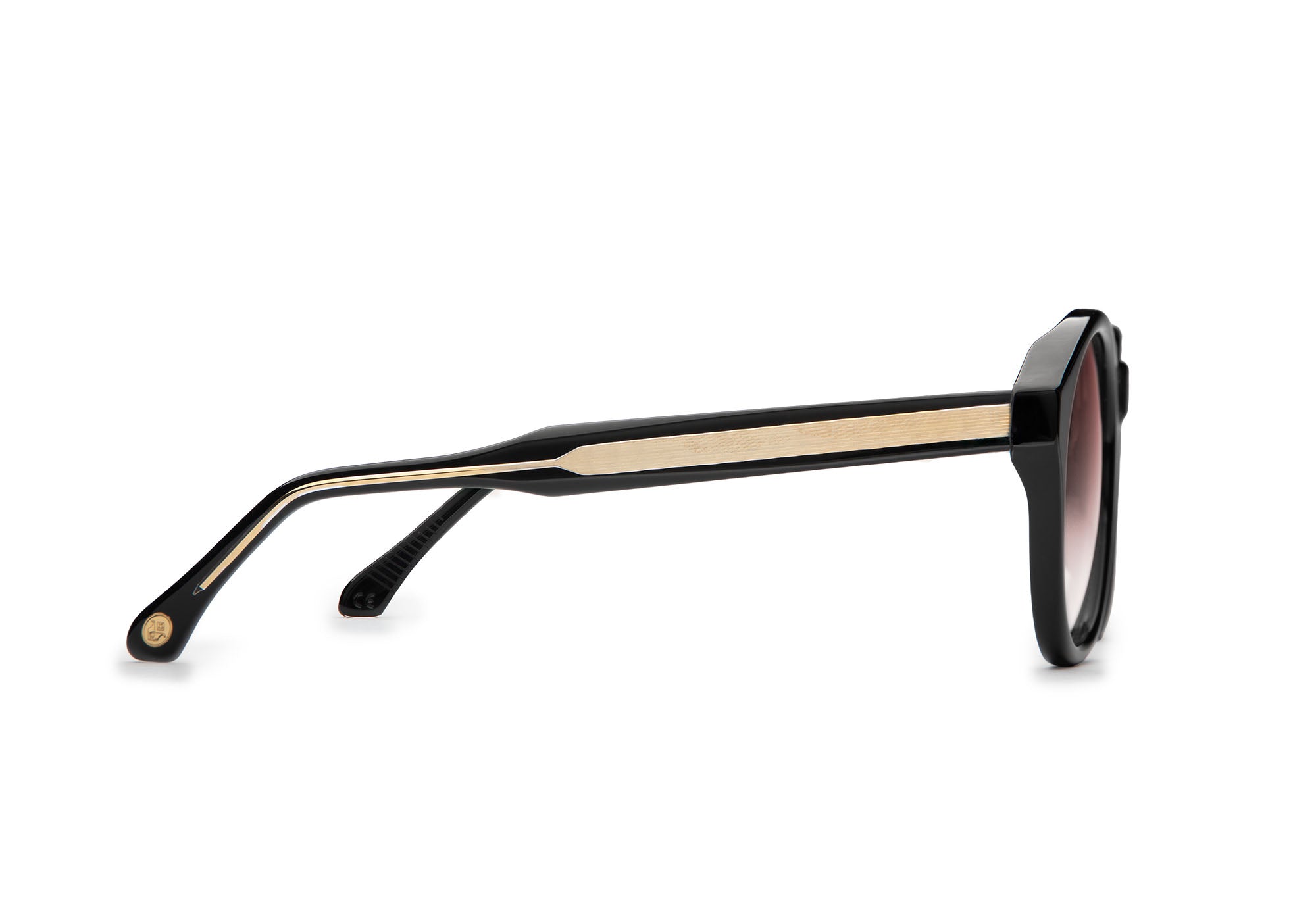 Side profile of Eros Black sunglasses with rose lenses by J. Goldin — handcrafted Italian luxury eyewear.