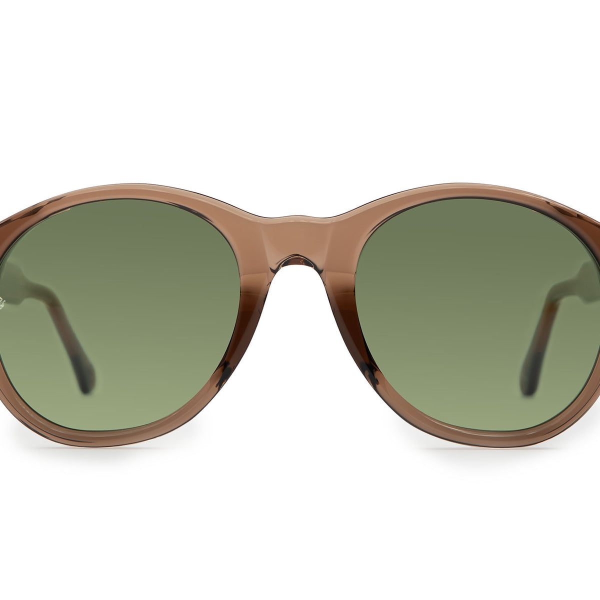 Eros round sunglasses in Dark Brown Crystal with green lenses — Italian-made luxury eyewear by J. Goldin.