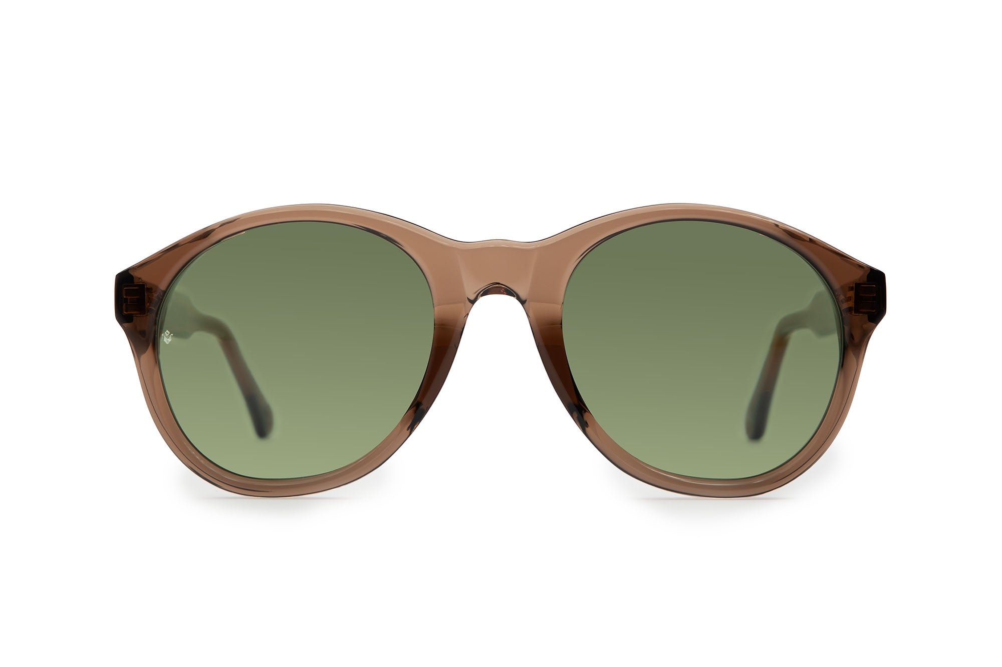 Eros round sunglasses in Dark Brown Crystal with green lenses — Italian-made luxury eyewear by J. Goldin.