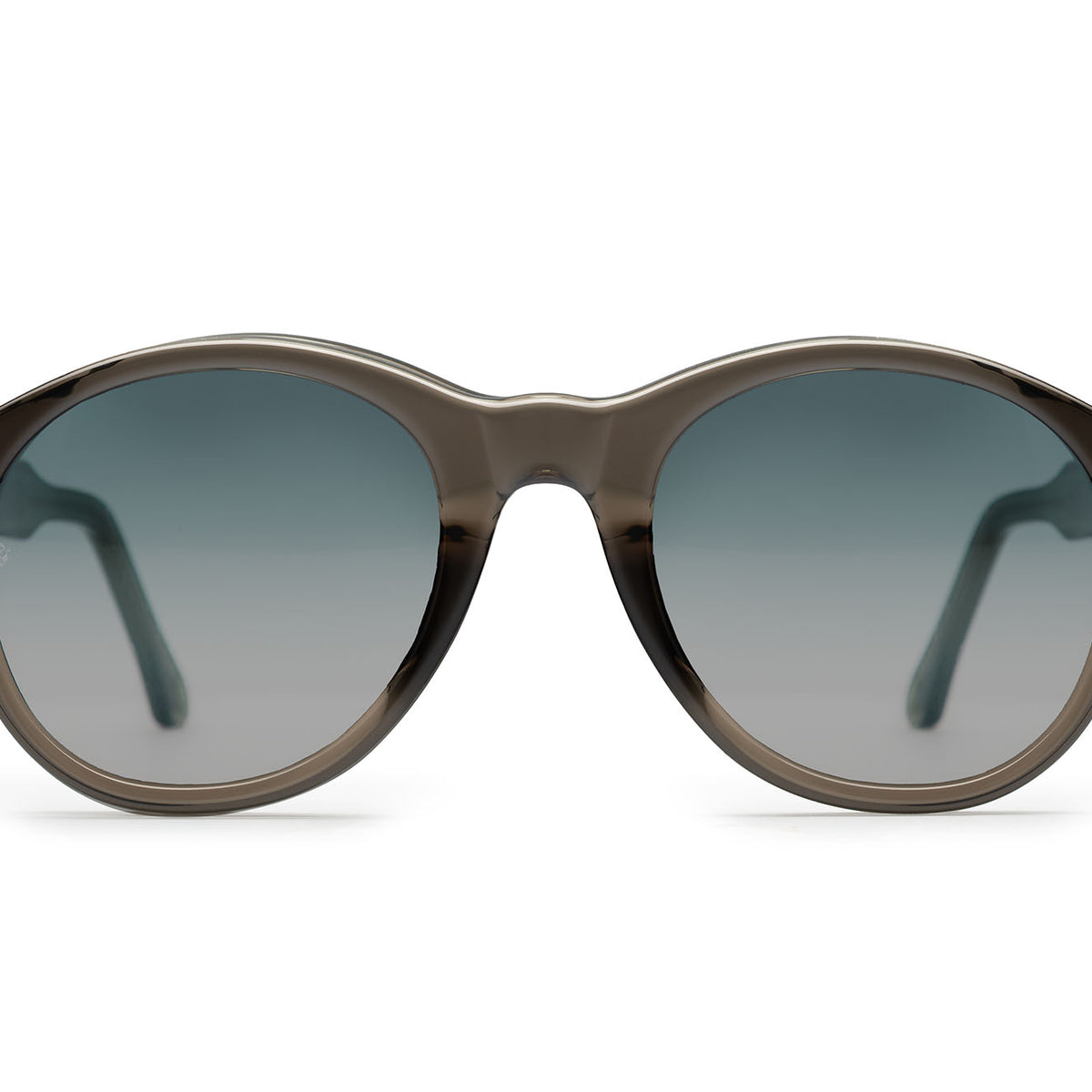 Eros round sunglasses in Grey Crystal with blue-grey lenses — Italian-made luxury eyewear by J. Goldin, Atlanta.