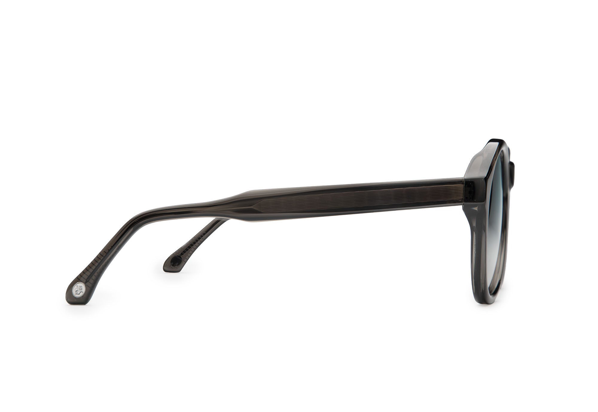 Angled side view of Eros Grey Crystal sunglasses with blue-grey lenses by J. Goldin — handcrafted Italian eyewear.