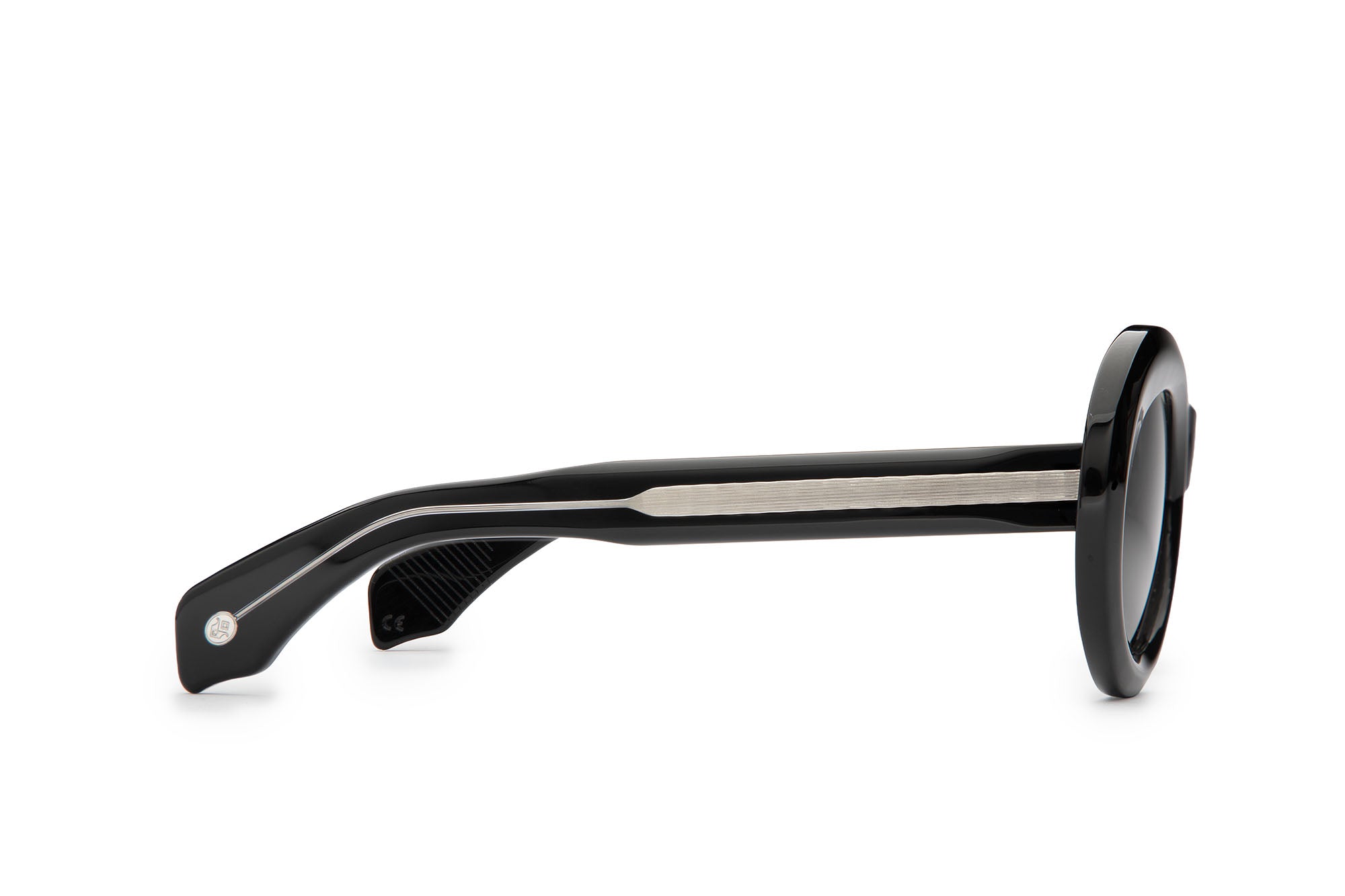 Angled side view of Fortuna black sunglasses with grey lenses by J. Goldin — handcrafted Italian eyewear.