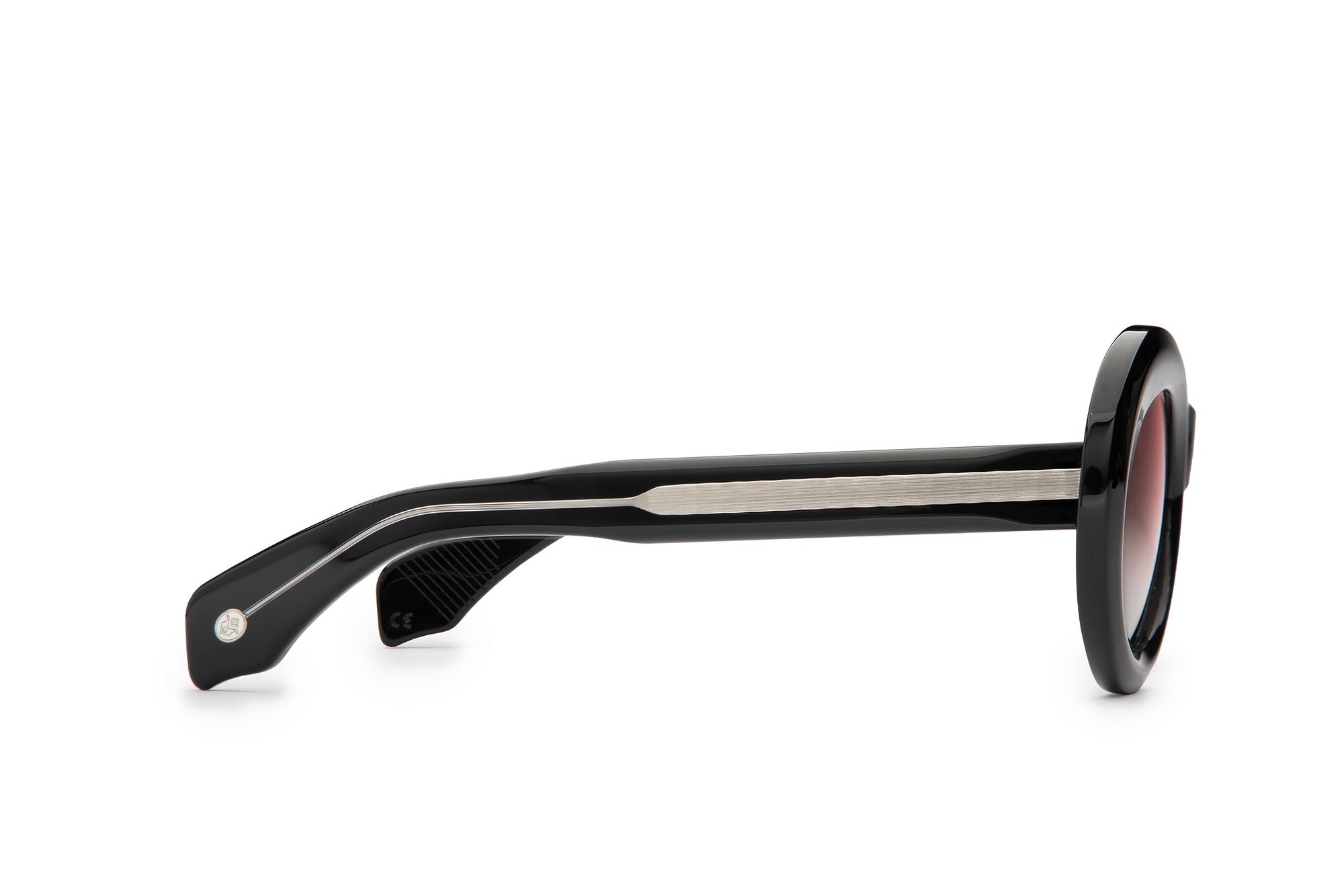 Side view of Fortuna black sunglasses with rose lenses by J. Goldin — handcrafted Italian eyewear.