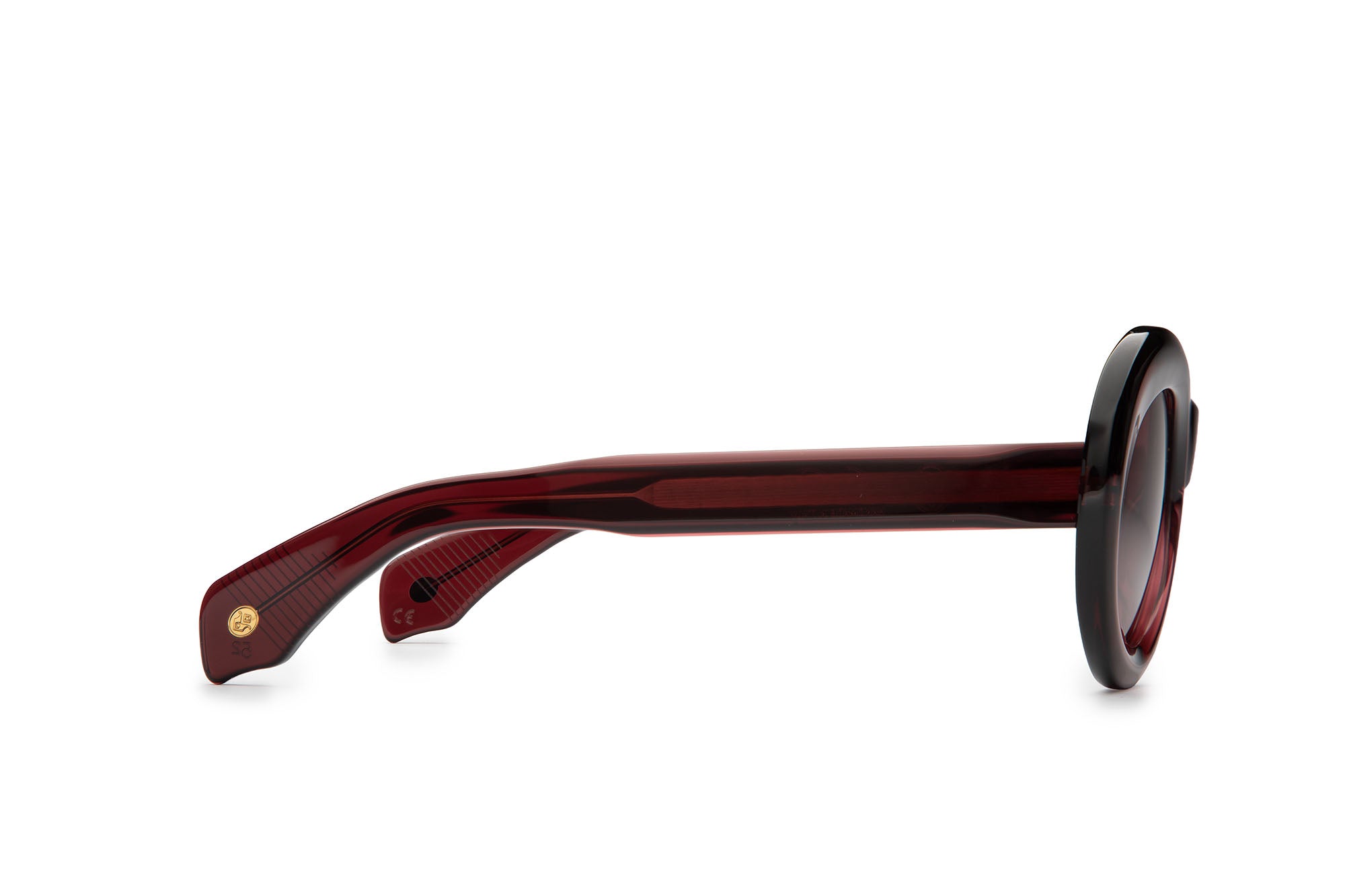 Angled view of Fortuna Burgundy Crystal sunglasses by J. Goldin — handcrafted Italian luxury eyewear.