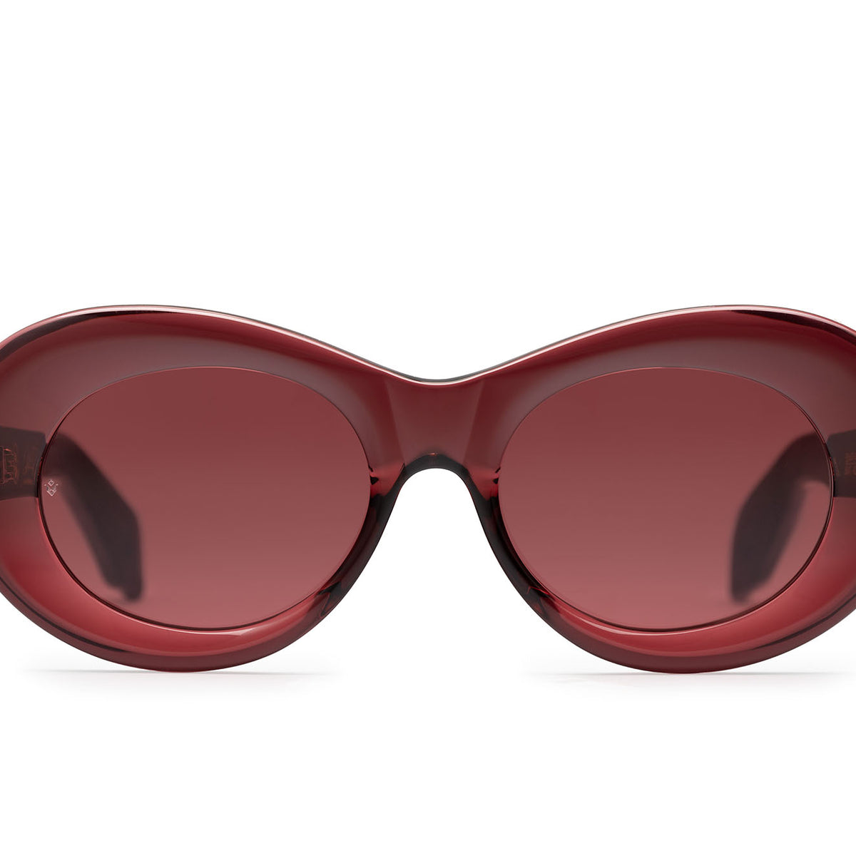 Fortuna cat-eye sunglasses in Burgundy Crystal with Brunello red lenses — Italian-made luxury eyewear by J. Goldin.