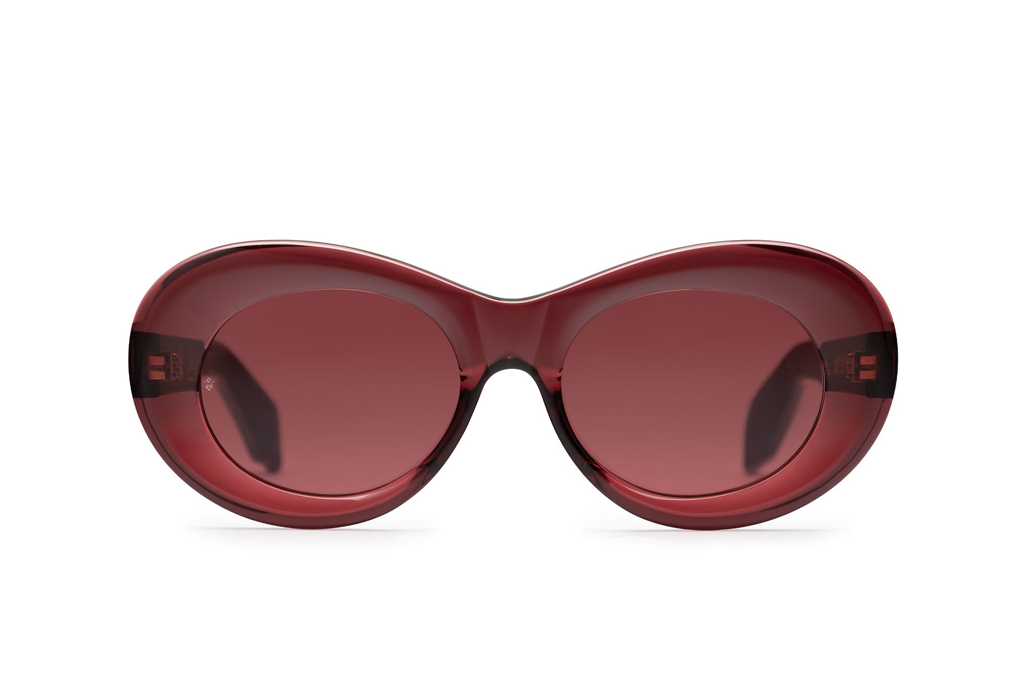 Fortuna cat-eye sunglasses in Burgundy Crystal with Brunello red lenses — Italian-made luxury eyewear by J. Goldin.