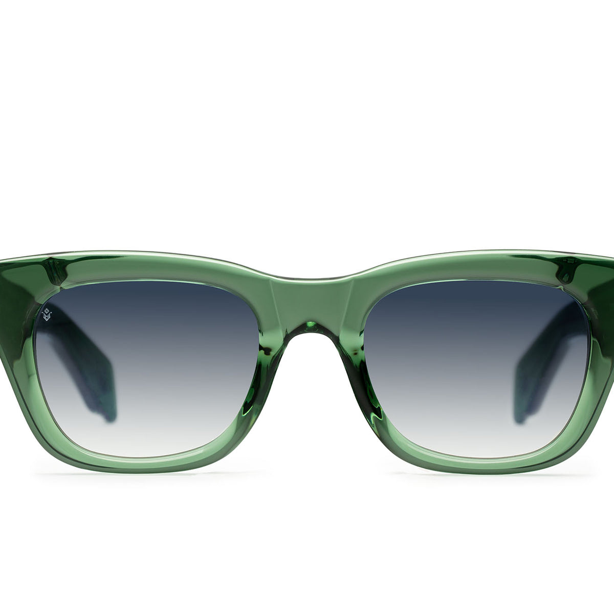 Jupiter square sunglasses in Bottle Green with blue lenses — Italian-made luxury eyewear by J. Goldin, Atlanta.