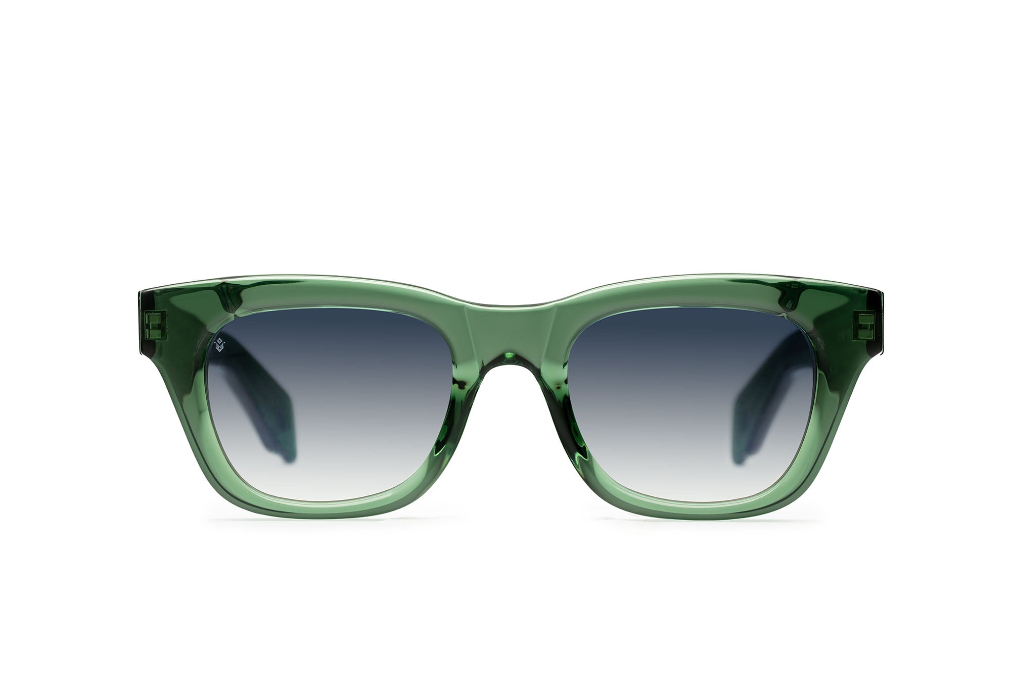 Jupiter square sunglasses in Bottle Green with blue lenses — Italian-made luxury eyewear by J. Goldin, Atlanta.
