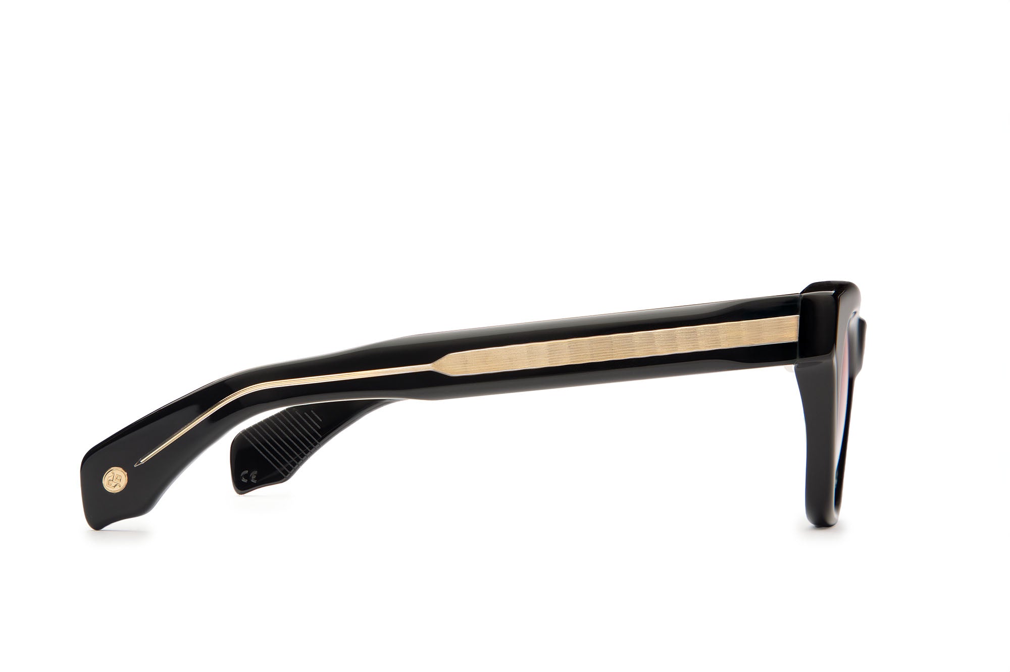 Side profile of Jupiter Black sunglasses with rose lenses by J. Goldin — handcrafted Italian luxury eyewear.