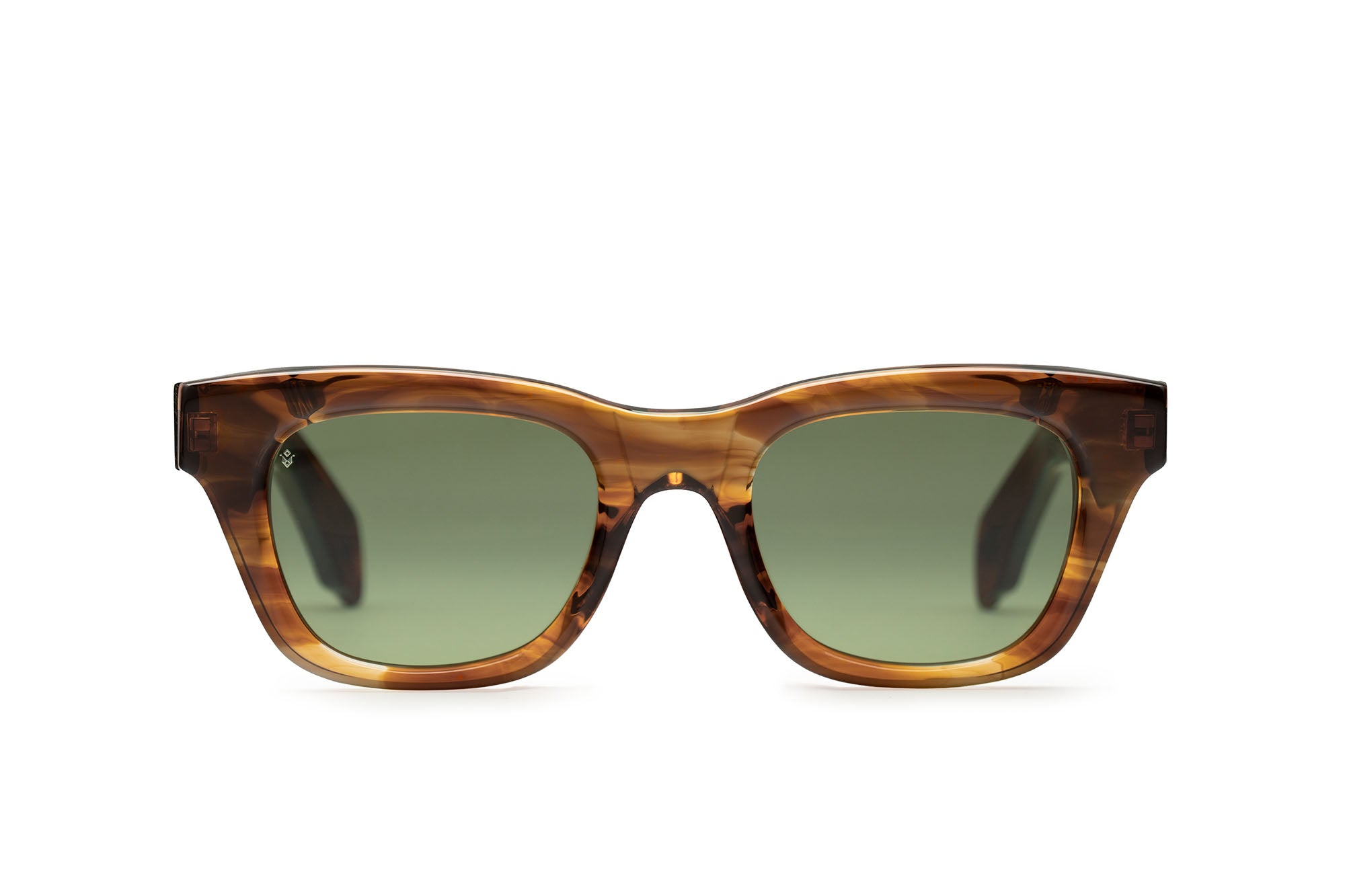 Jupiter square sunglasses in Dark Brown Demi with green lenses — Italian-made luxury eyewear by J. Goldin, Atlanta.