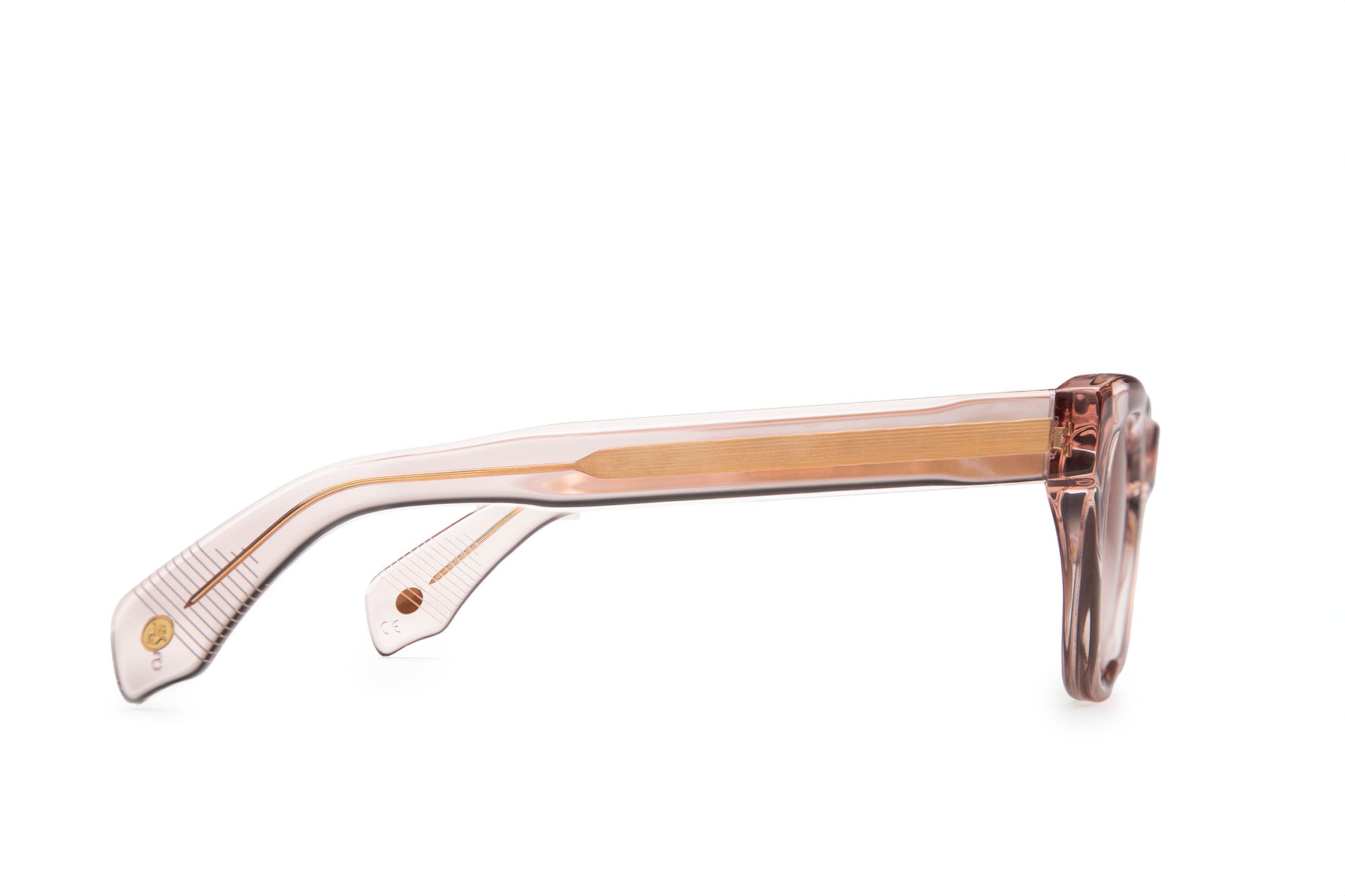 Side profile of Jupiter Tan Crystal sunglasses with brown-red lenses by J. Goldin — handcrafted Italian luxury eyewear.