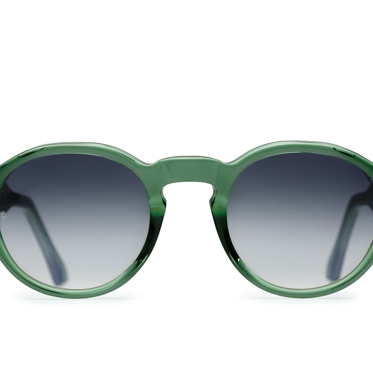 Orpheus round sunglasses in Bottle Green with blue lenses — Italian-made luxury eyewear by J. Goldin, Atlanta.