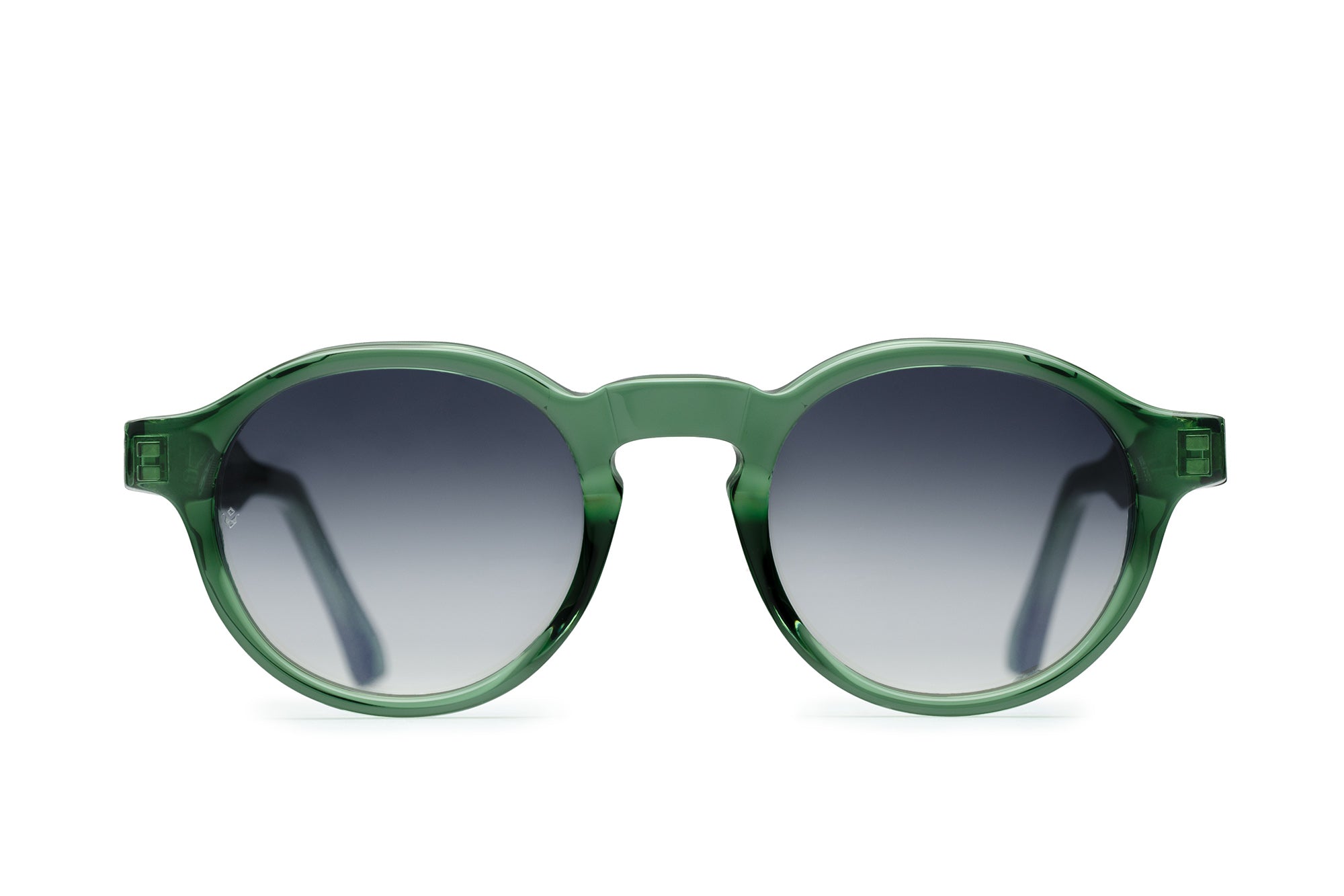 Orpheus round sunglasses in Bottle Green with blue lenses — Italian-made luxury eyewear by J. Goldin, Atlanta.