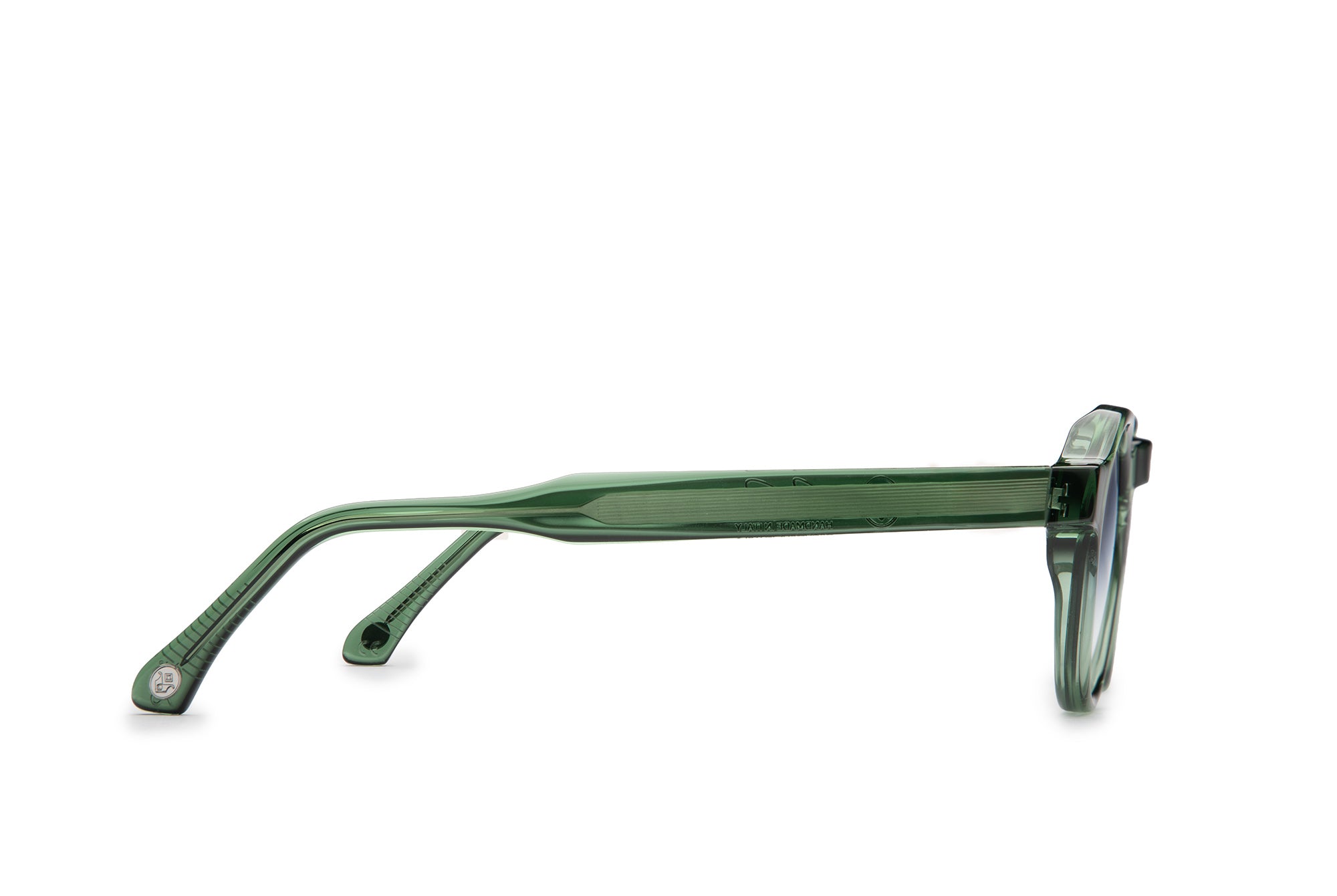 Side profile of Orpheus Bottle Green sunglasses with blue lenses by J. Goldin — handcrafted Italian eyewear.