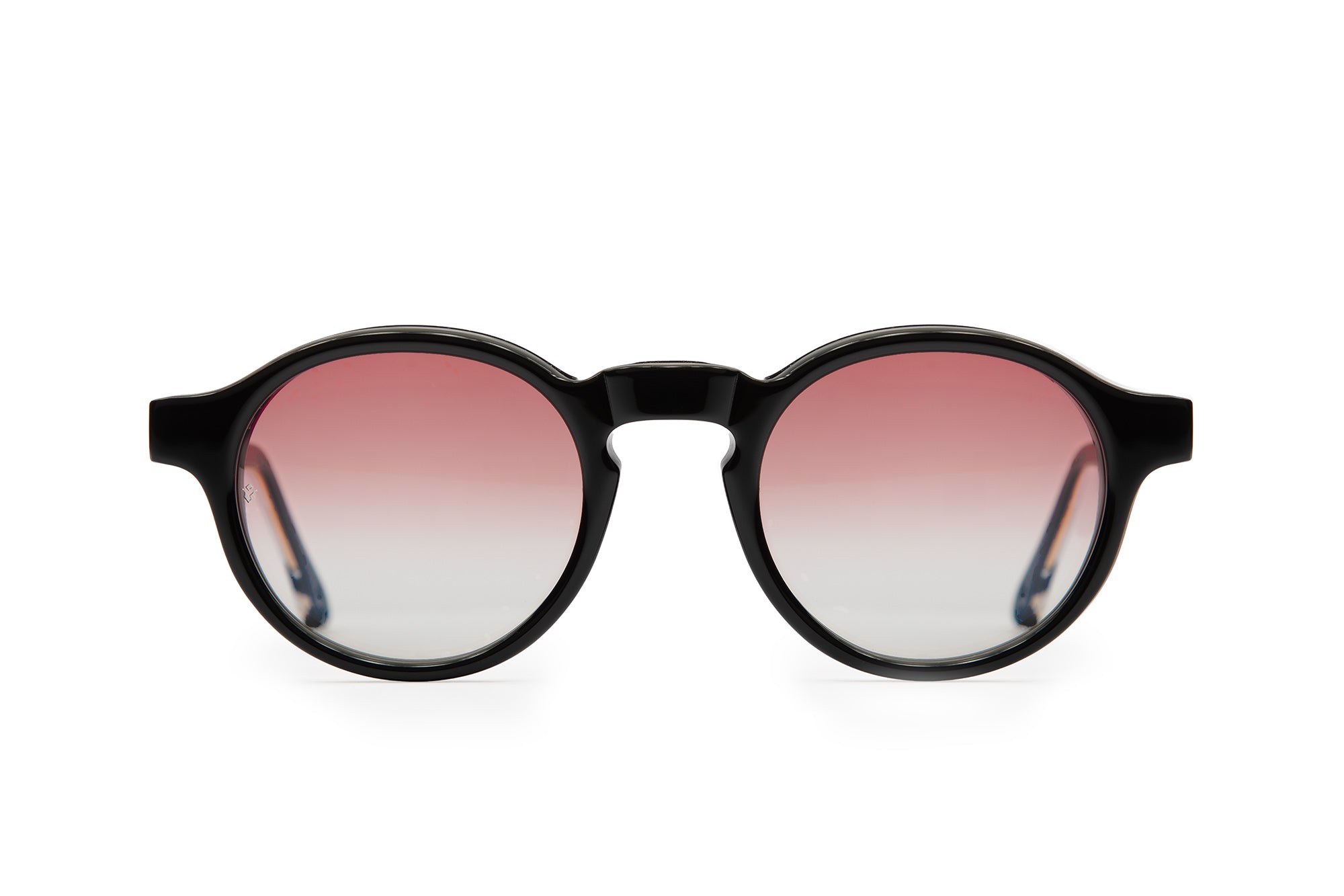 Orpheus round sunglasses in Black with rose lenses — Italian-made luxury eyewear by J. Goldin, designed in Atlanta.