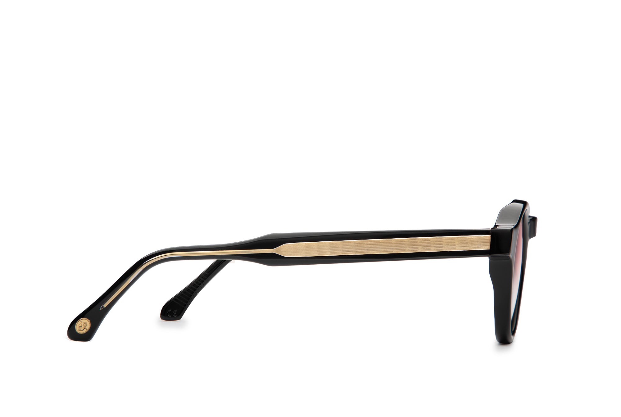 Side profile of Orpheus Black sunglasses with rose lenses by J. Goldin — handcrafted Italian luxury eyewear.