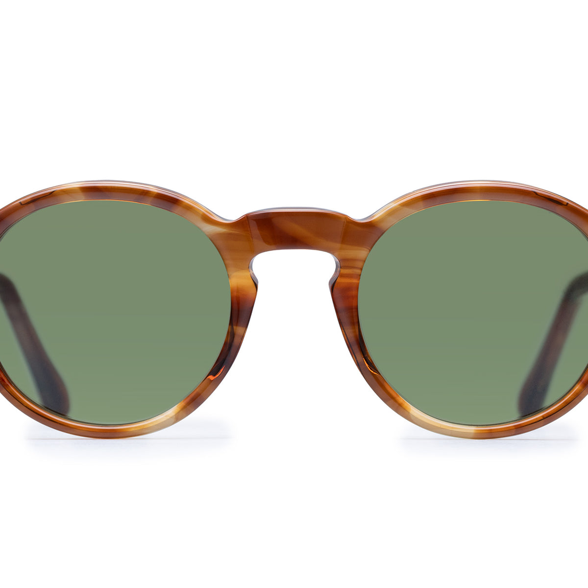 Orpheus round sunglasses in Dark Brown Demi with green lenses — Italian-made luxury eyewear by J. Goldin.