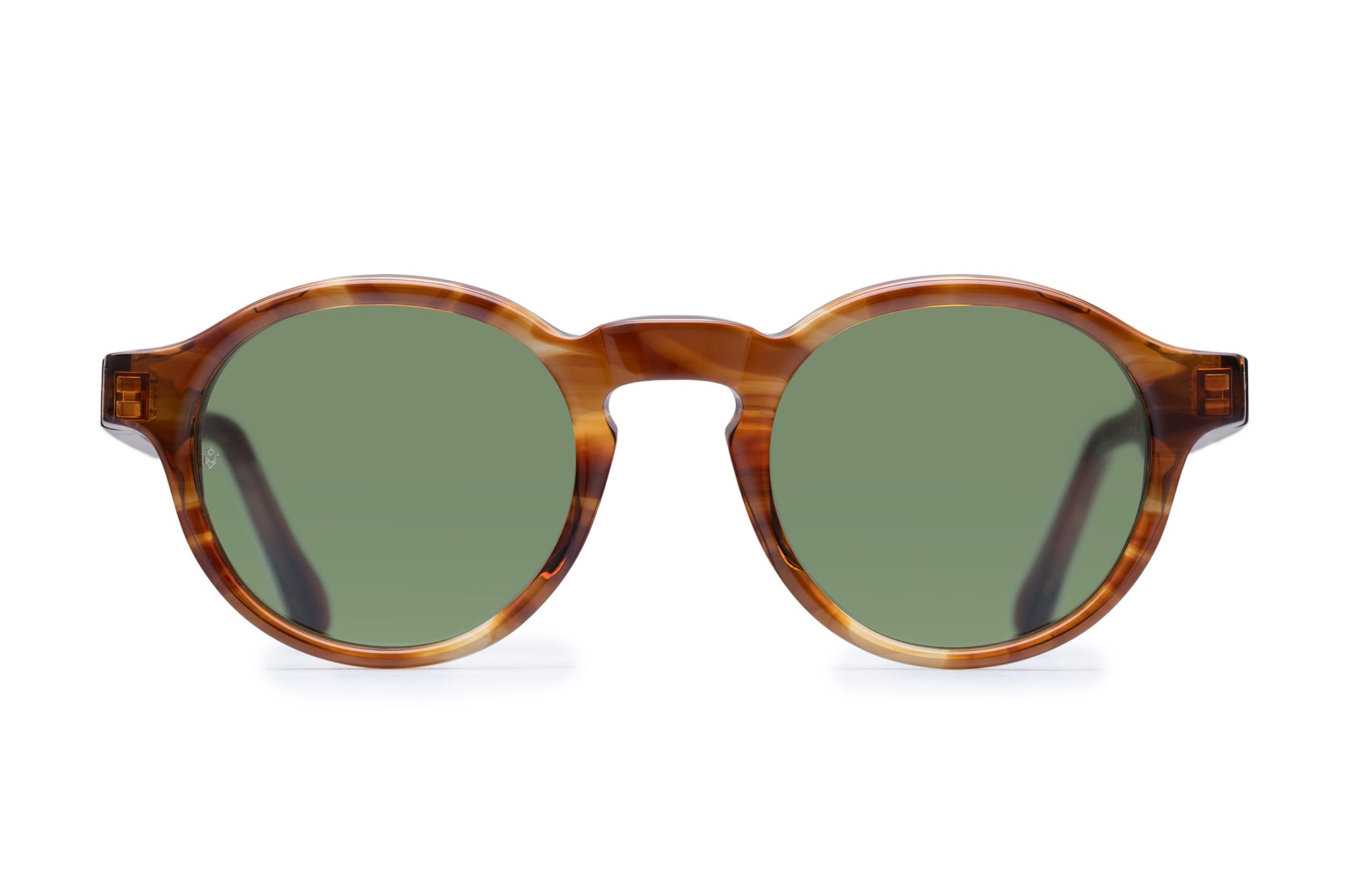 Orpheus round sunglasses in Dark Brown Demi with green lenses — Italian-made luxury eyewear by J. Goldin.