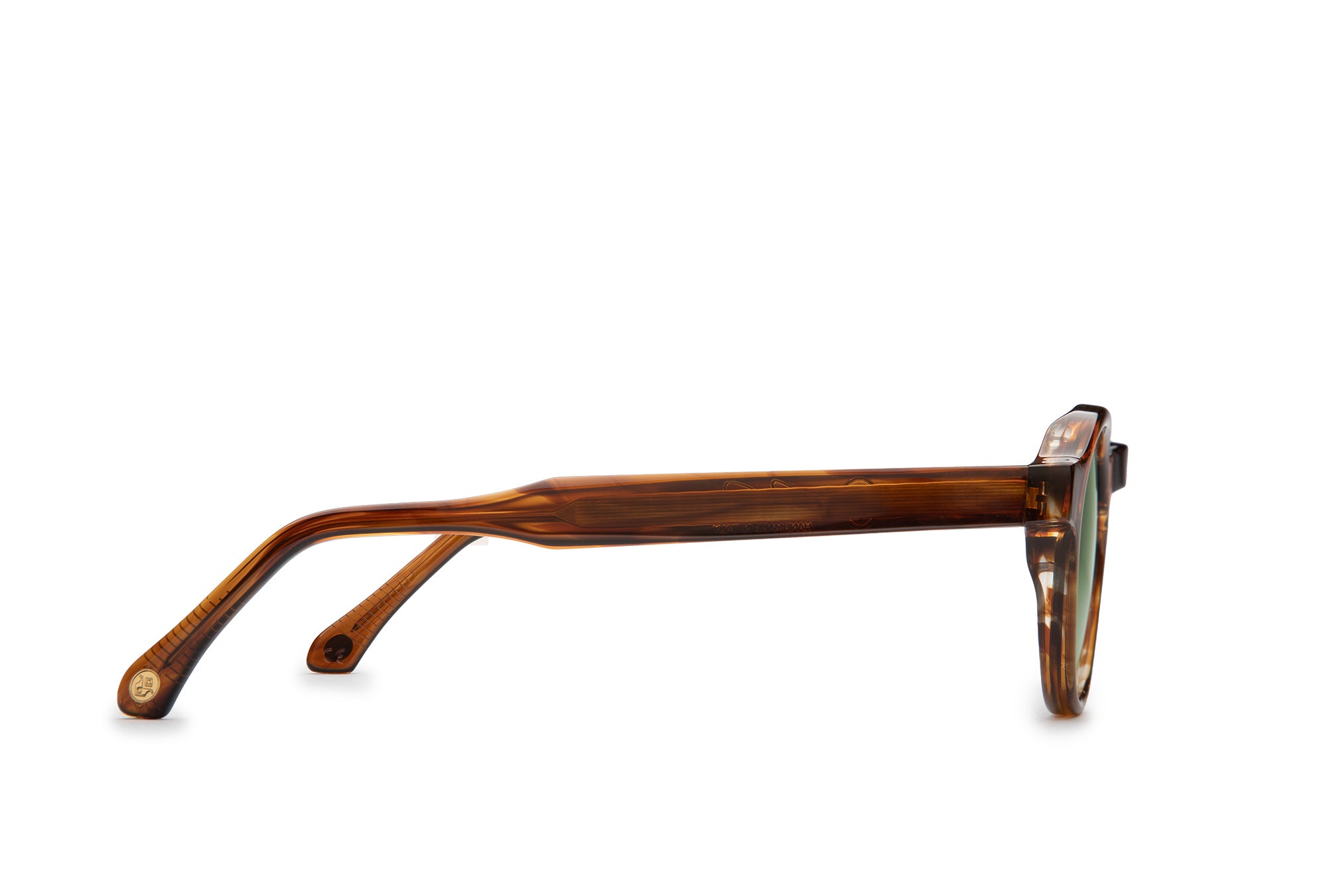 Orpheus round sunglasses in Dark Brown Demi with green lenses — Italian-made luxury eyewear by J. Goldin.