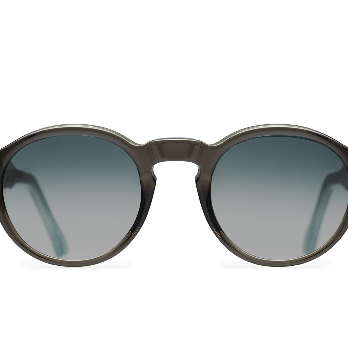 Orpheus round sunglasses in Grey Crystal with blue lenses — Italian-made luxury eyewear by J. Goldin, Atlanta.