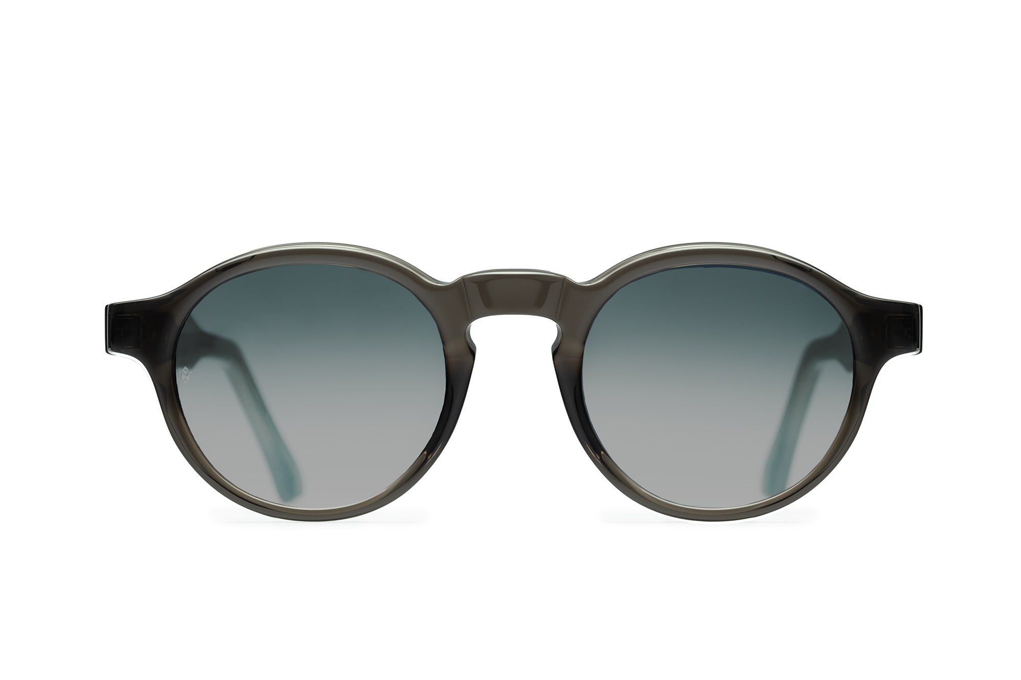 Orpheus round sunglasses in Grey Crystal with blue lenses — Italian-made luxury eyewear by J. Goldin, Atlanta.