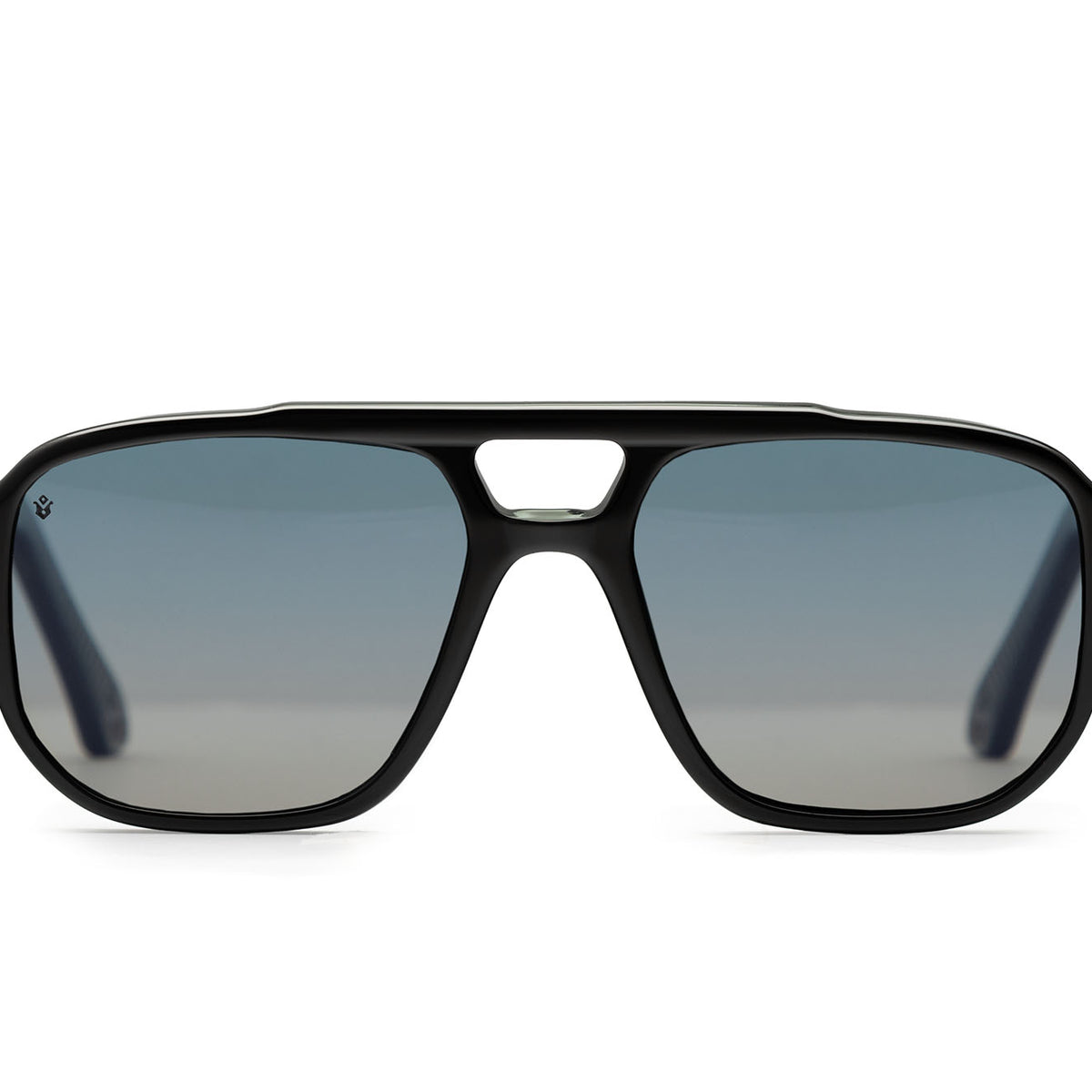 Stratos aviator sunglasses in Black with blue-grey lenses — Italian-made luxury eyewear by J. Goldin, Atlanta.