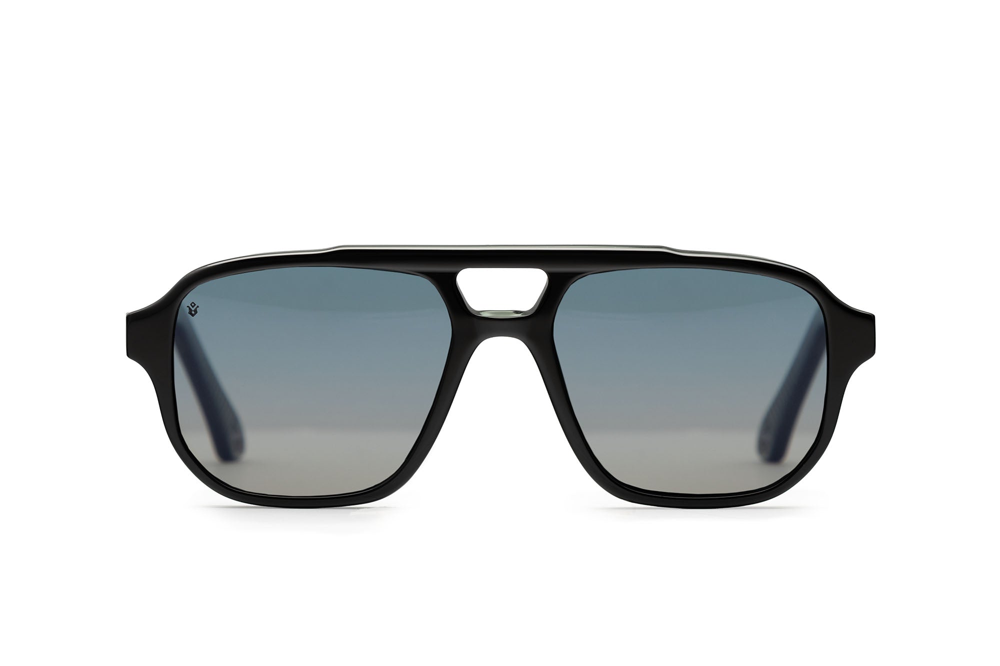 Stratos aviator sunglasses in Black with blue-grey lenses — Italian-made luxury eyewear by J. Goldin, Atlanta.