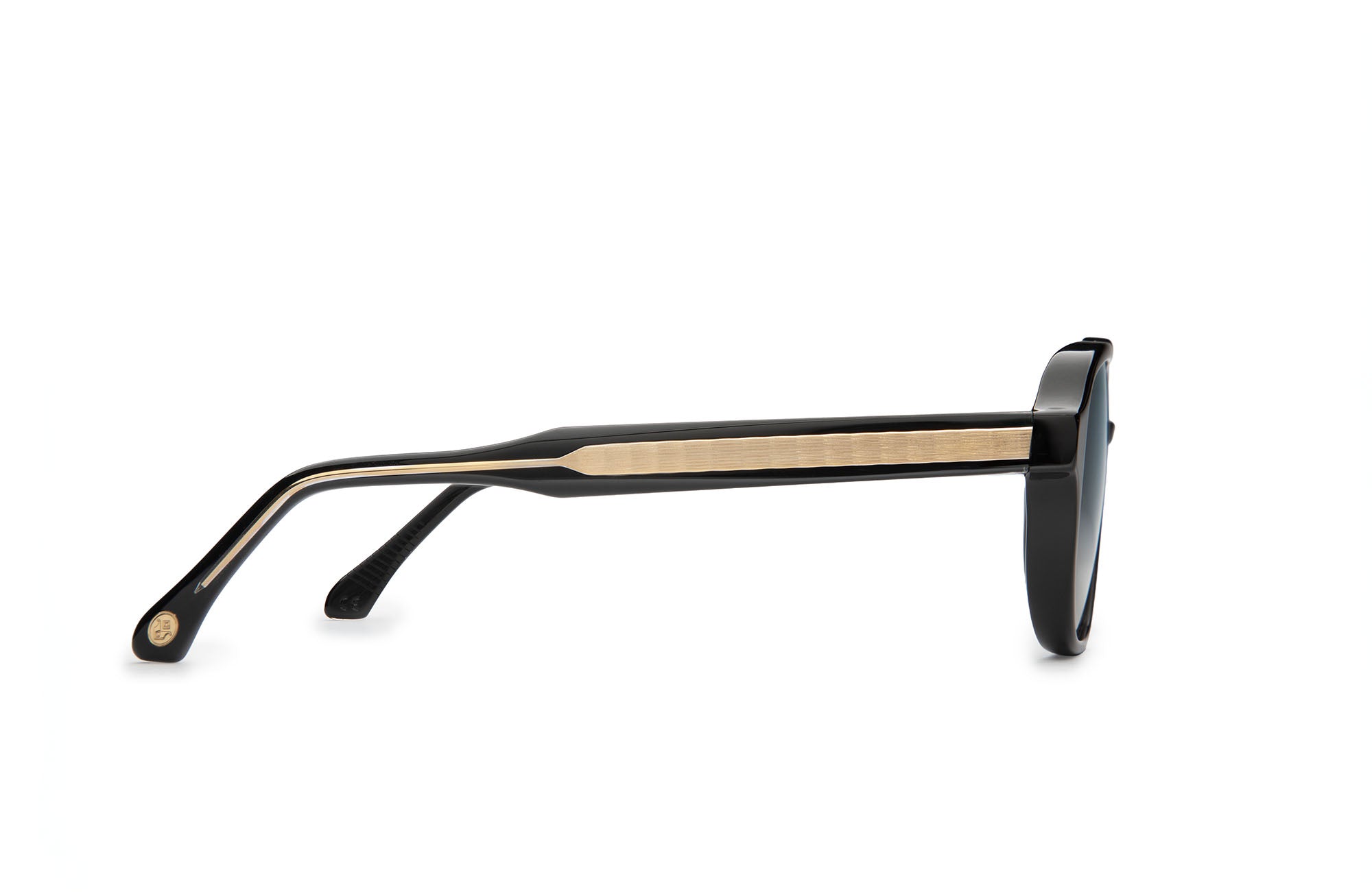 Angled profile of Stratos Black sunglasses with blue-grey lenses by J. Goldin — handcrafted Italian eyewear.