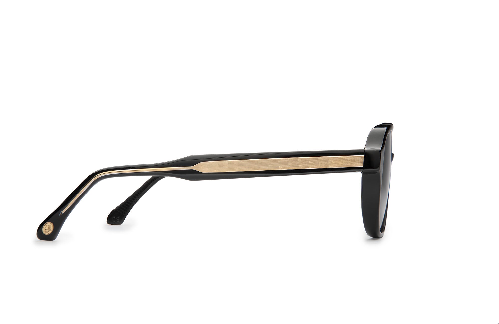 Side view of Stratos Black sunglasses with grey lenses by J. Goldin — handcrafted Italian luxury eyewear.