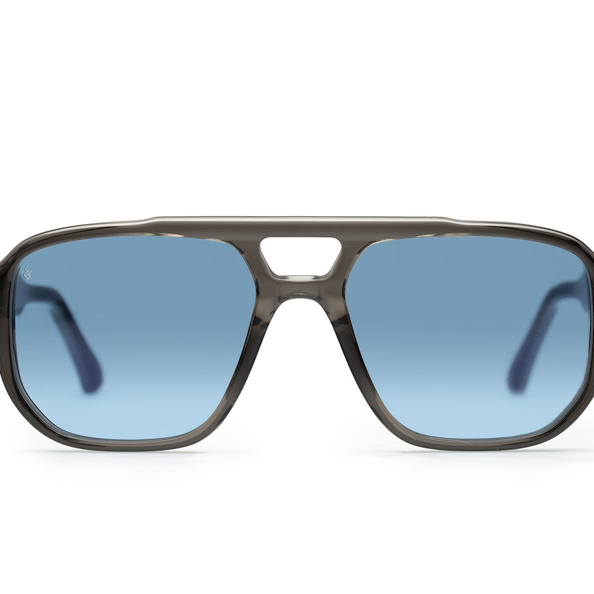 Stratos aviator sunglasses in Grey Crystal with cobalt blue lenses — Italian-made luxury eyewear by J. Goldin, Atlanta.