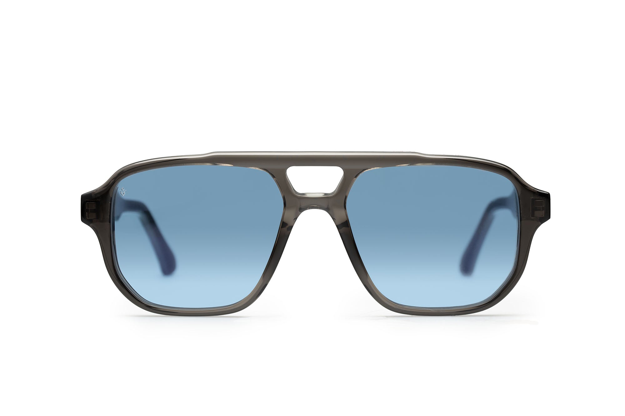 Stratos aviator sunglasses in Grey Crystal with cobalt blue lenses — Italian-made luxury eyewear by J. Goldin, Atlanta.