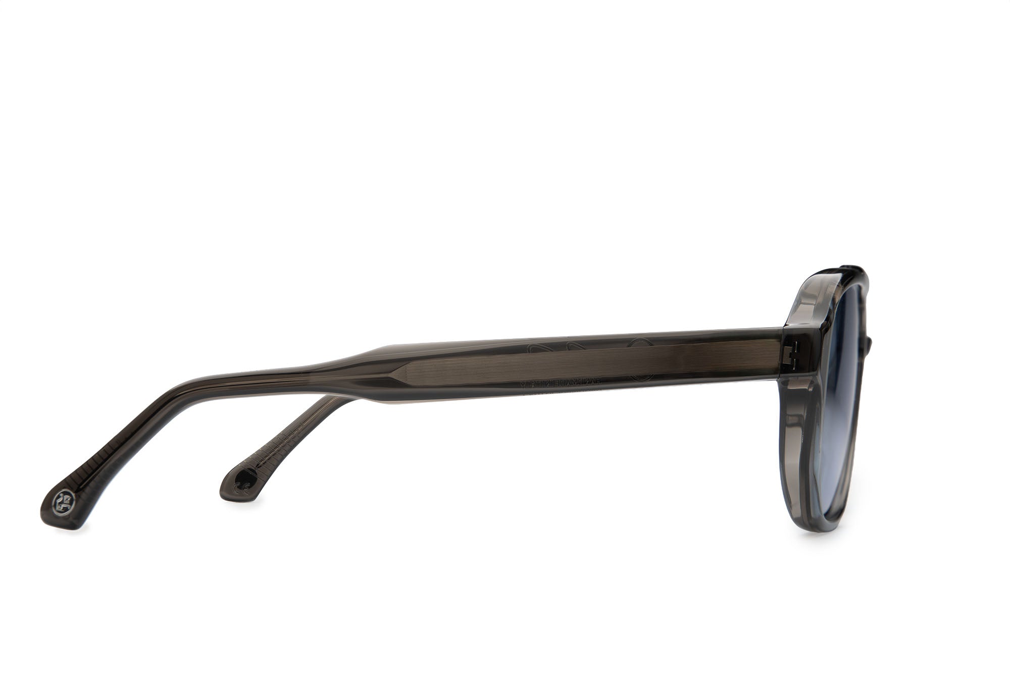 Side profile of Stratos Grey Crystal sunglasses with cobalt lenses by J. Goldin — handcrafted Italian luxury eyewear.