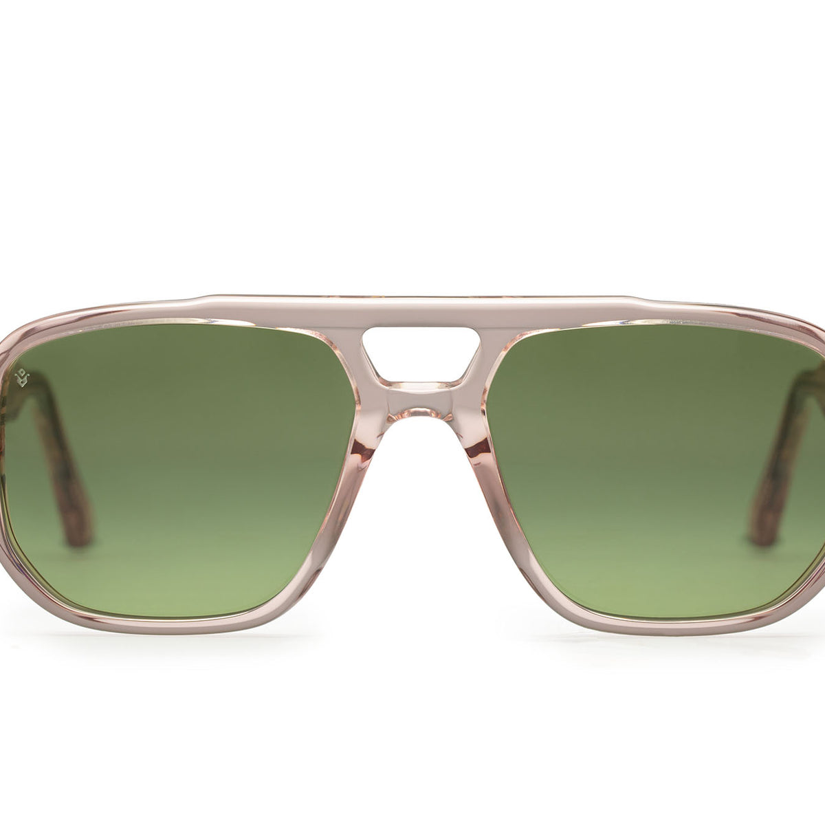 Stratos aviator sunglasses in Tan Crystal with green lenses — Italian-made luxury eyewear by Atlanta brand J. Goldin.