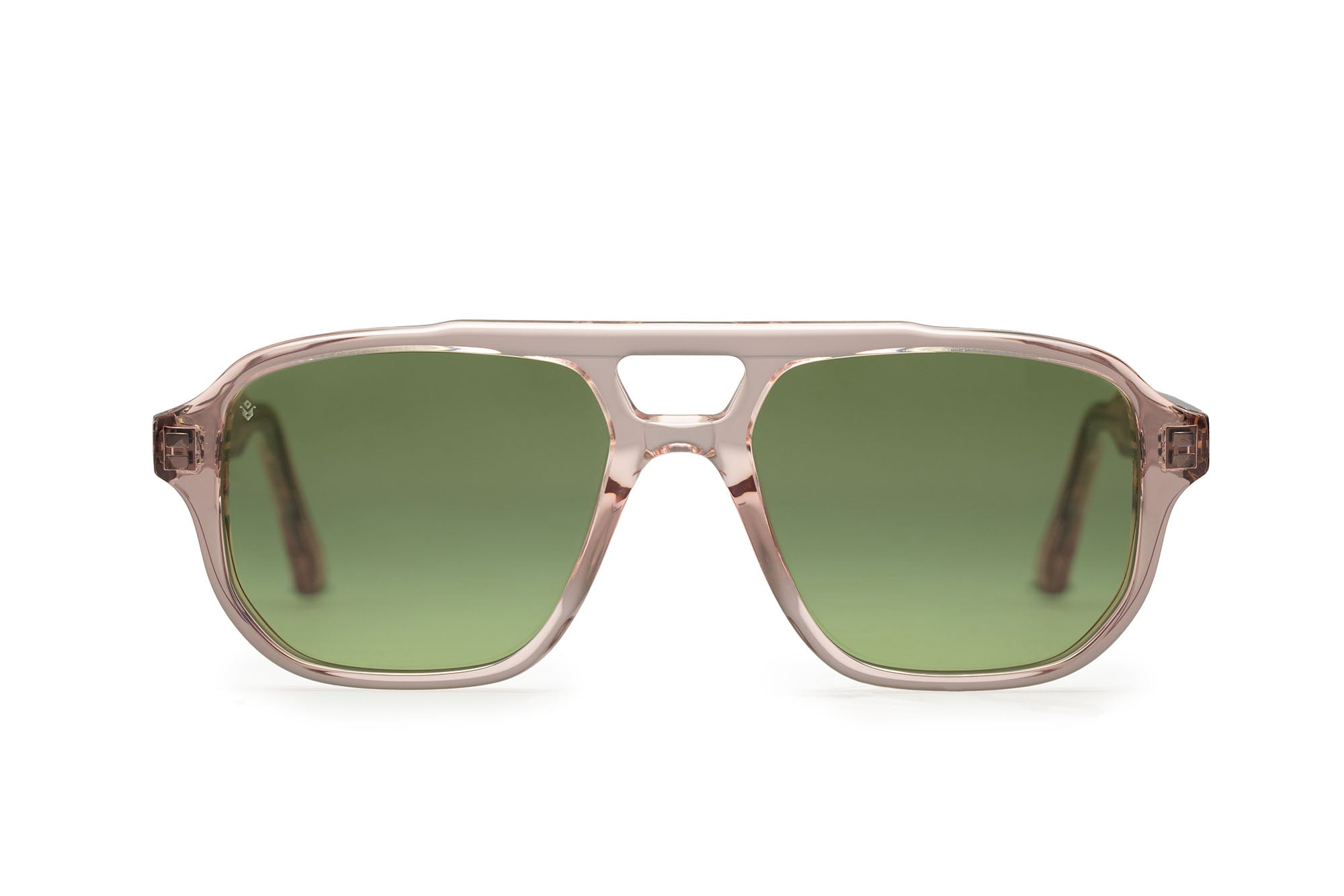Stratos aviator sunglasses in Tan Crystal with green lenses — Italian-made luxury eyewear by Atlanta brand J. Goldin.