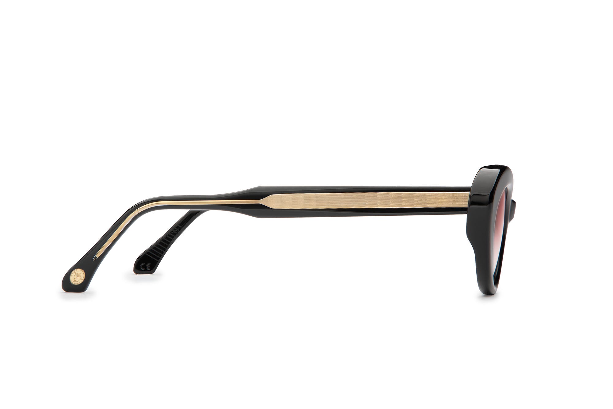 Side profile of Vesta black sunglasses with rose lenses by J. Goldin — handcrafted Italian eyewear.