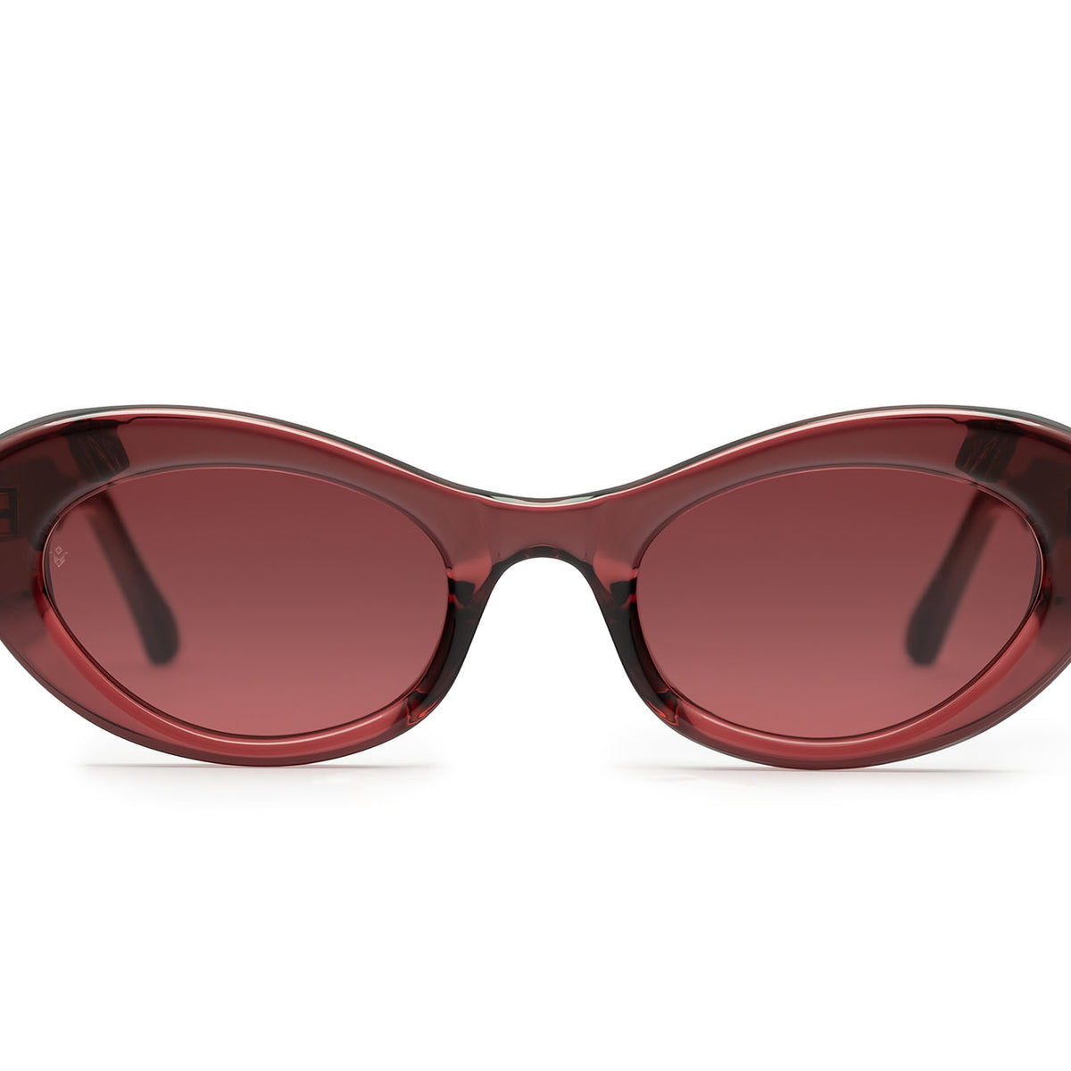 Vesta cat-eye sunglasses in Burgundy Crystal with Brunello red lenses — Italian-made luxury eyewear by J. Goldin.