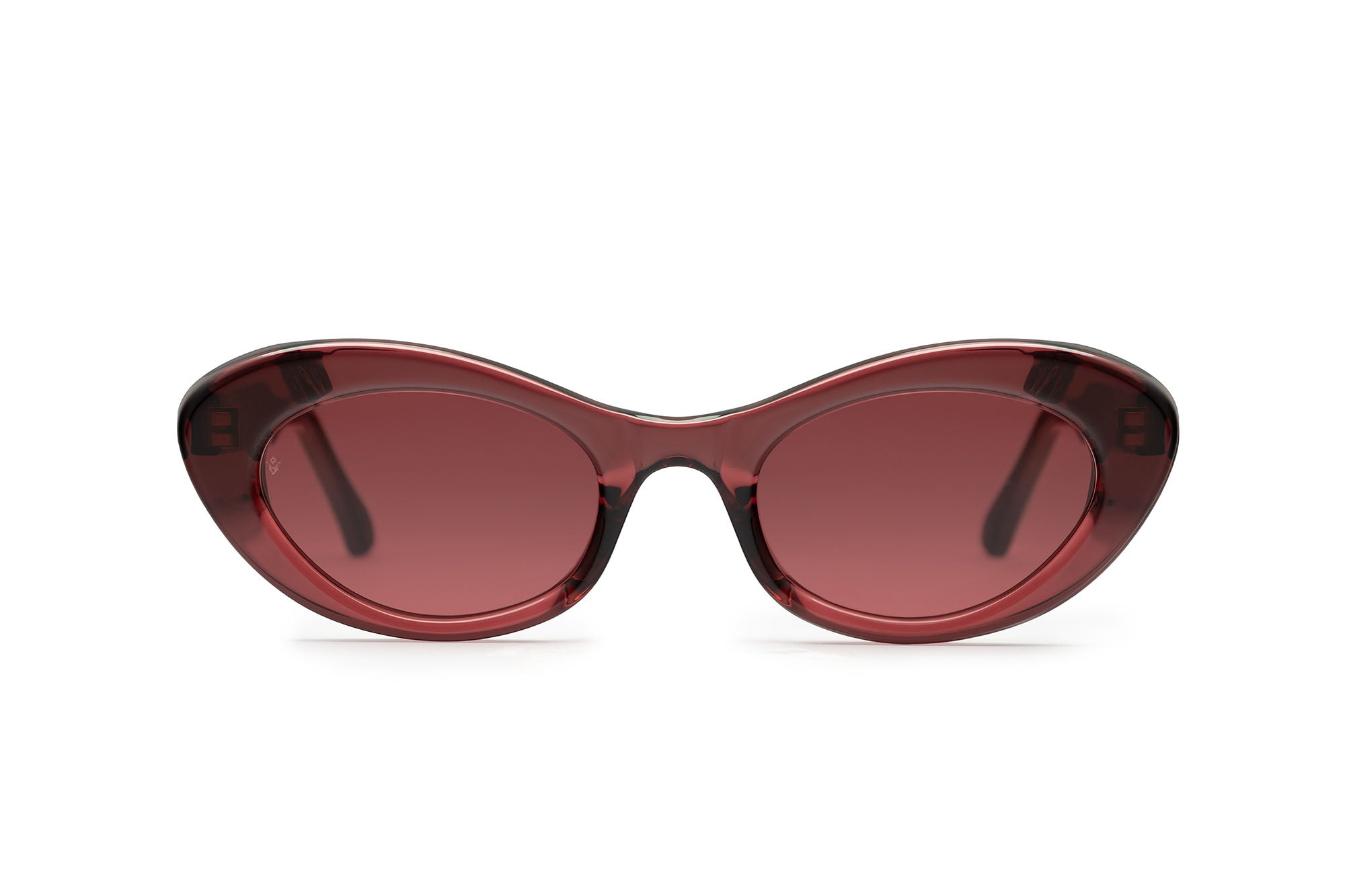 Vesta cat-eye sunglasses in Burgundy Crystal with Brunello red lenses — Italian-made luxury eyewear by J. Goldin.