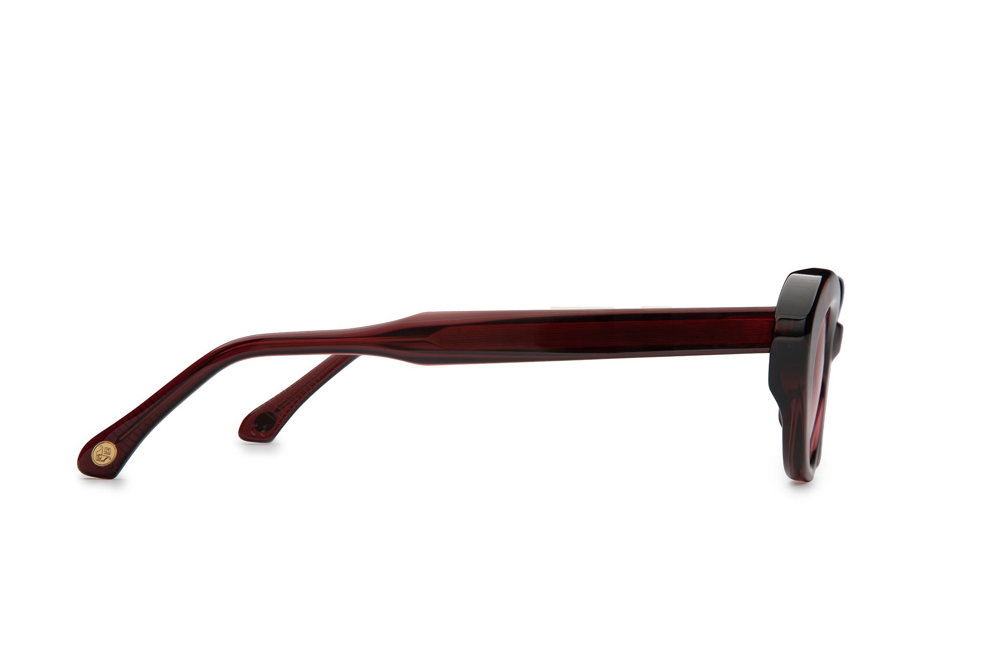 Side profile of Vesta Burgundy Crystal sunglasses by J. Goldin — handcrafted Italian luxury eyewear.