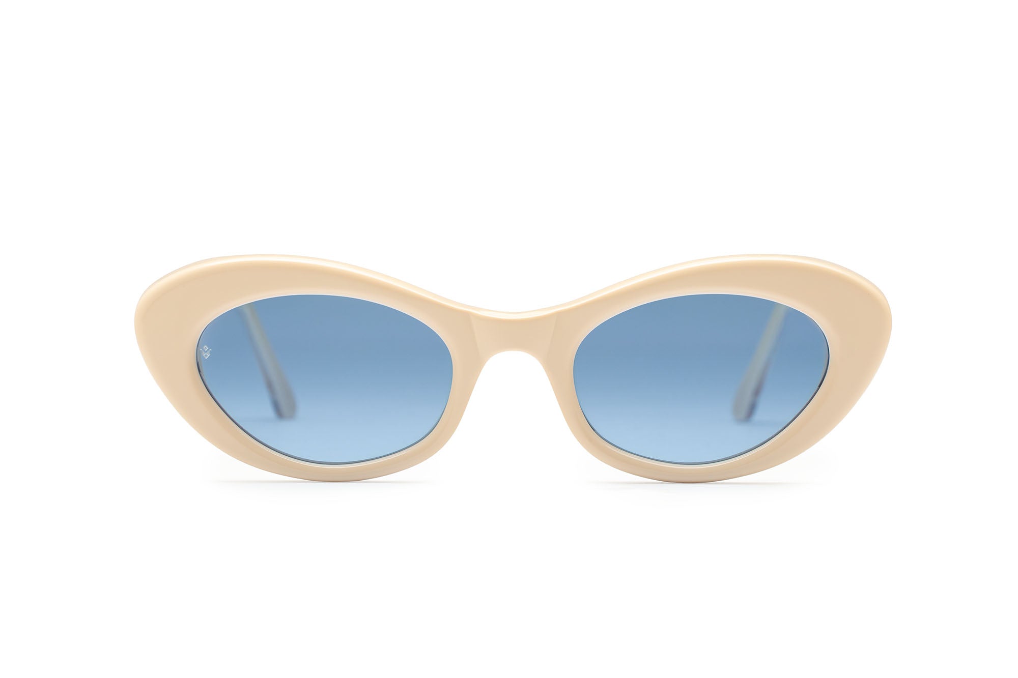 Vesta cat-eye sunglasses in Milk White with cobalt blue lenses — luxury Italian-made eyewear by J. Goldin, Atlanta.