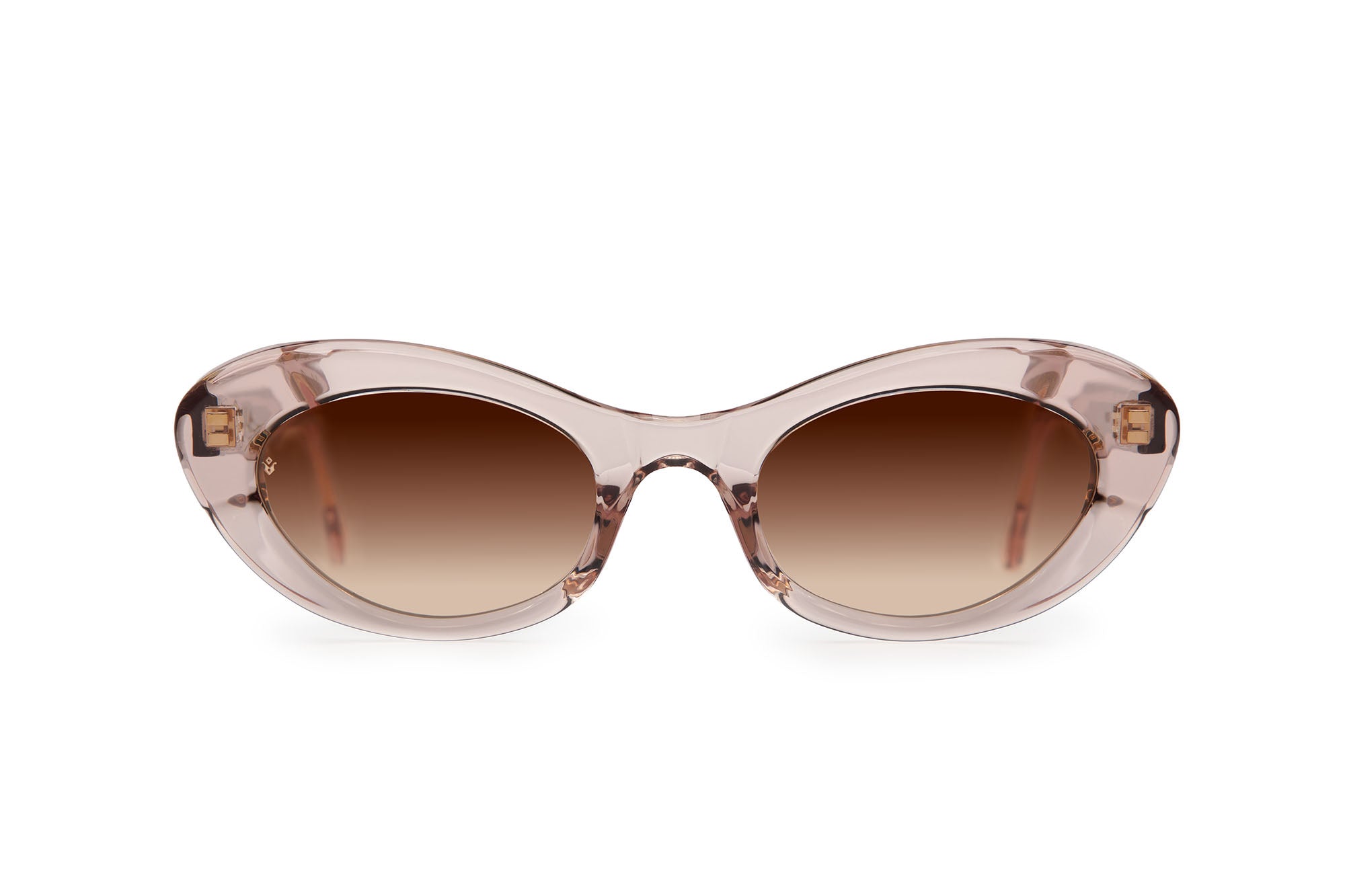 Vesta cat-eye sunglasses in Tan Crystal with brown lenses — Italian-made luxury eyewear by J. Goldin, designed in Atlanta.