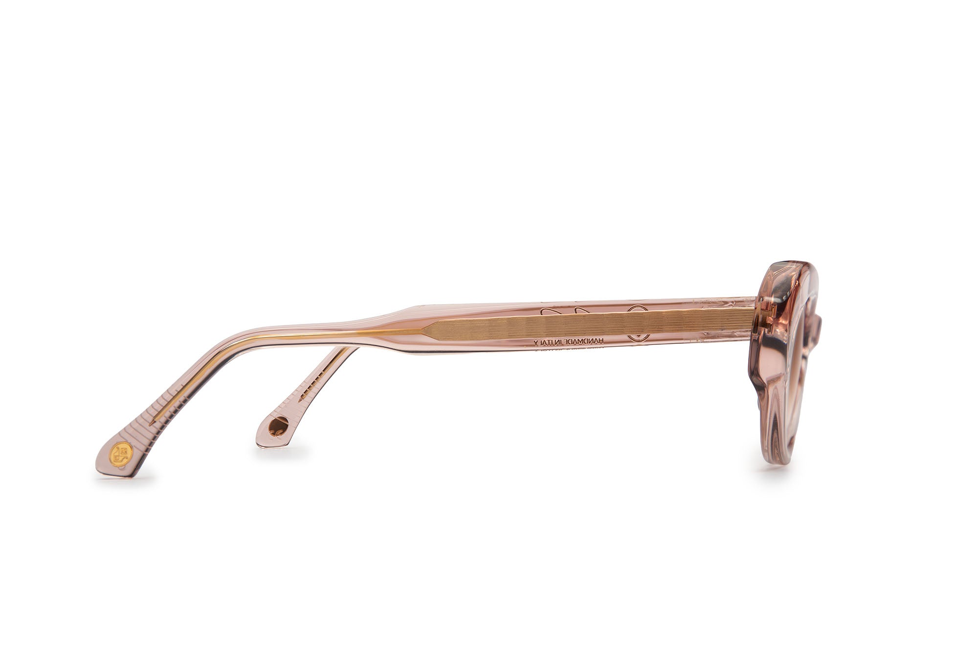 Angled view of Vesta Tan Crystal sunglasses by J. Goldin — handcrafted Italian luxury eyewear.