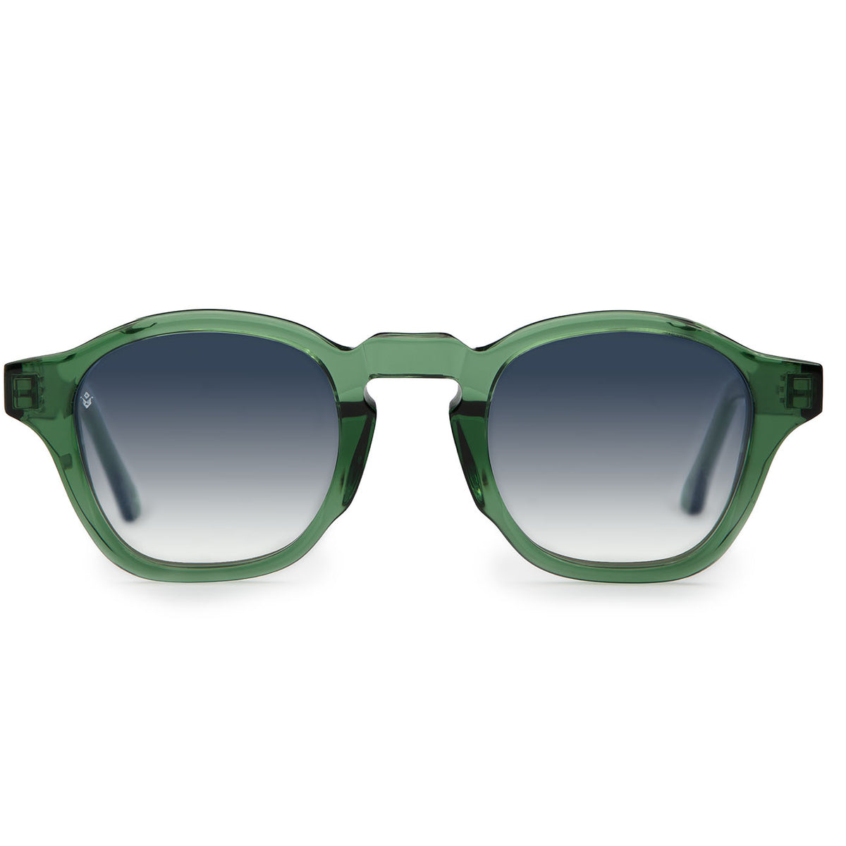 Virgil round bottle-green sunglasses with blue lenses — luxury Italian-made eyewear by J. Goldin, Atlanta.